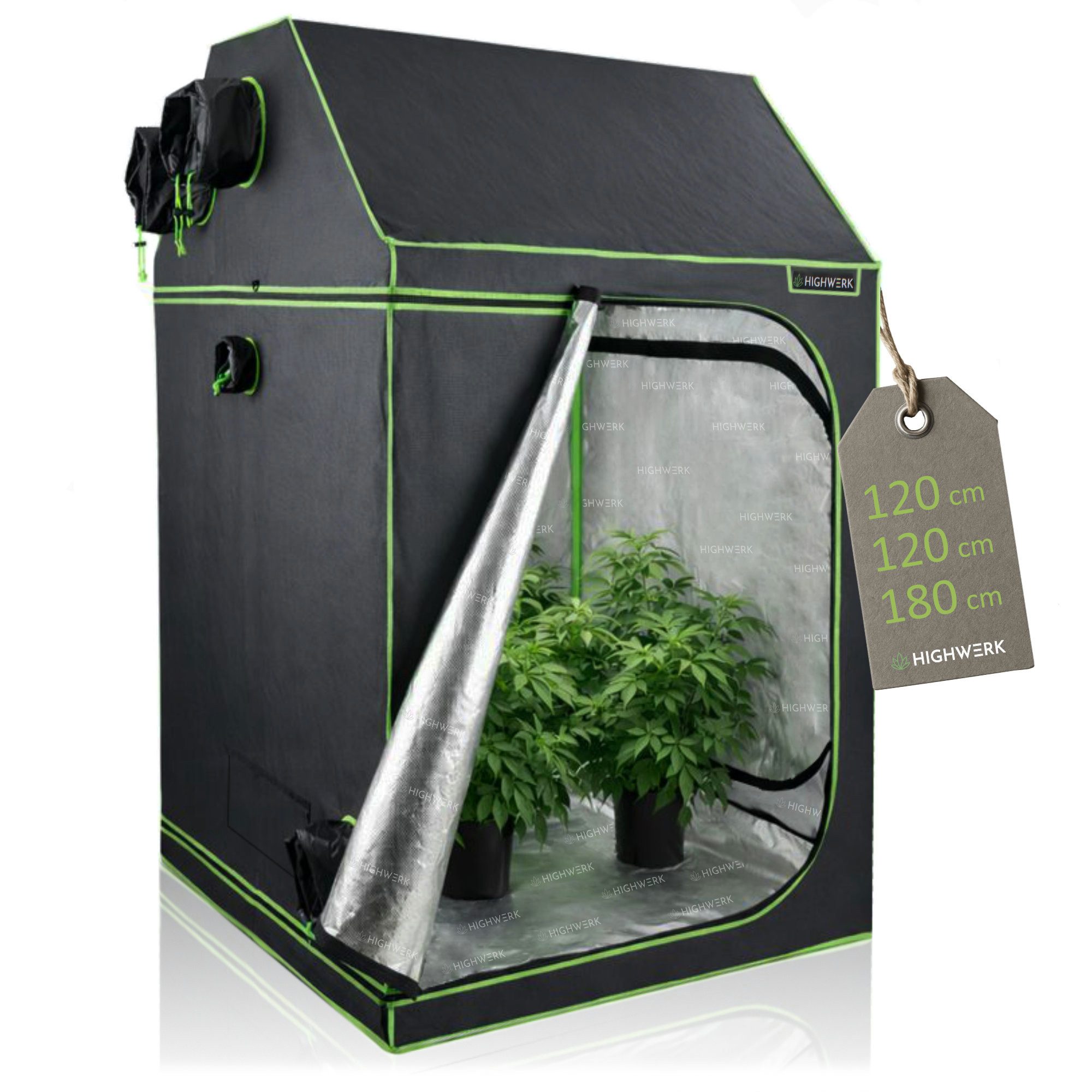 HIGHWERK Gewächshaus Grow Tent 120 x 120 x 180 cm schwarz/grün Pflanzenzucht Indoor