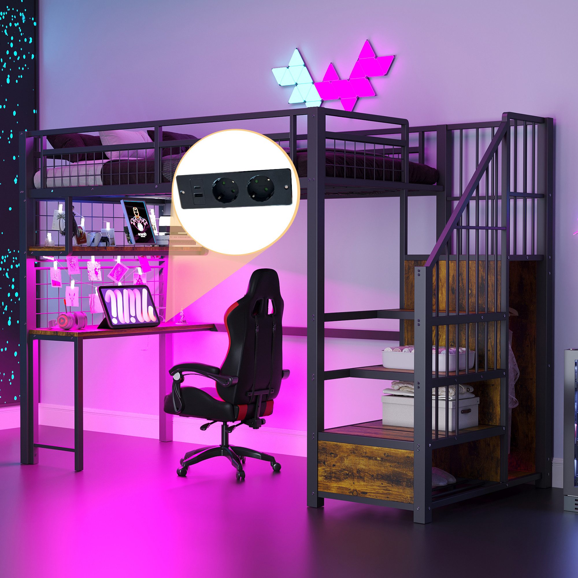 Merax Hochbett 90×200cm mit LED-Licht & Steckdosen (Etagenbett Jugendbett Loftbett Einzelbett, 1-St) Metallbett Kinderbett mit Stauraumtreppe Kleiderschrank Ablageflächen
