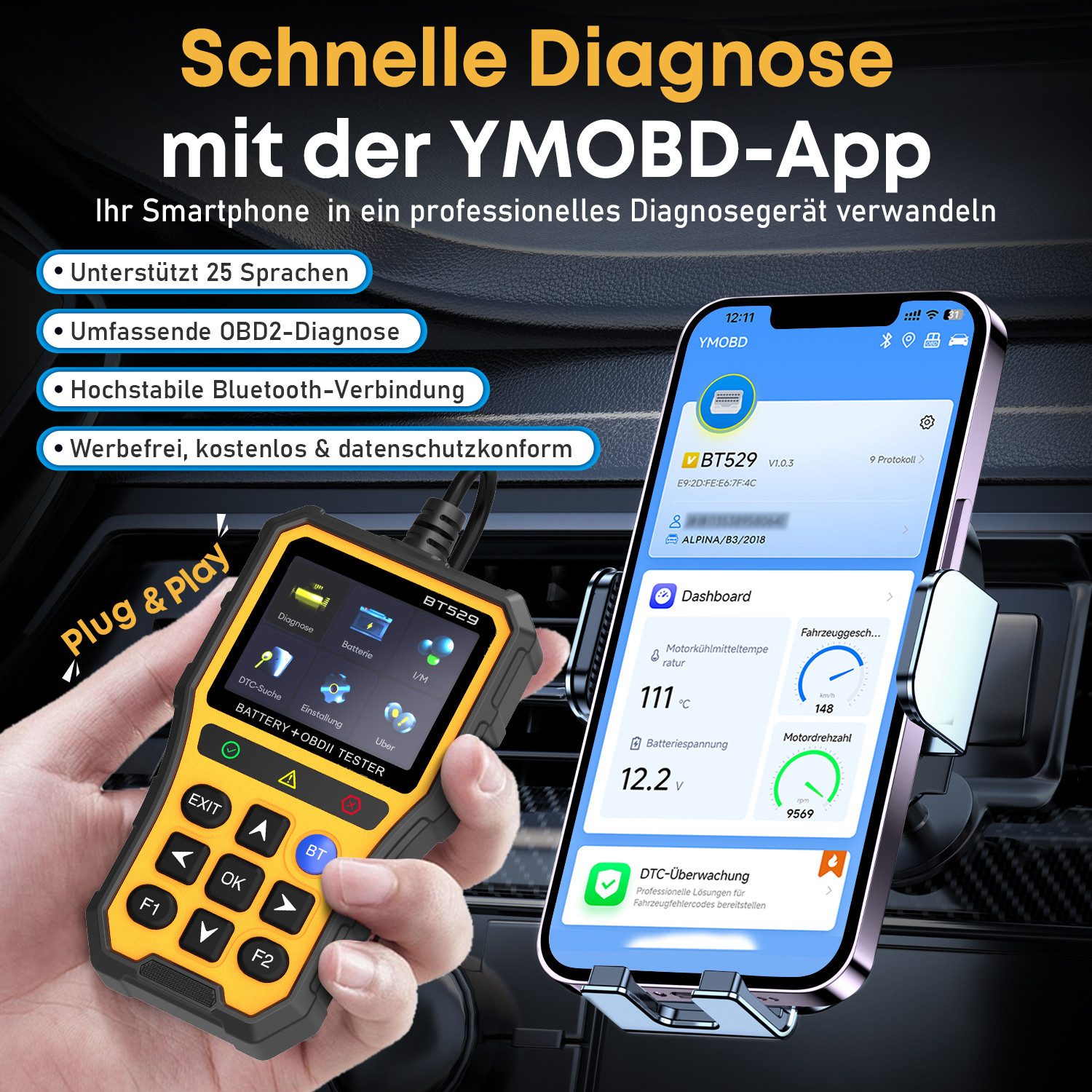 CkeyiN OBD2-Diagnosegerät BT529 Auto Scanner Auslesegerät Motor Fehlercodeleser Batterietest, mit Echtzeitdaten Bluetooth Verbindung für iOS Android System