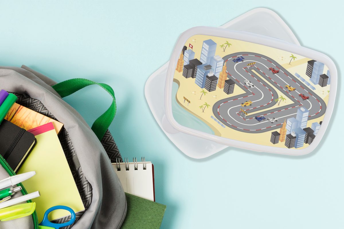 einer Illustration, Mädchen Jungs und F1-Autos fiktive für für Rennstrecke (2-tlg), weiß Brotbox in MuchoWow Brotdose, Erwachsene, Lunchbox und Kunststoff, Eine mit Kinder