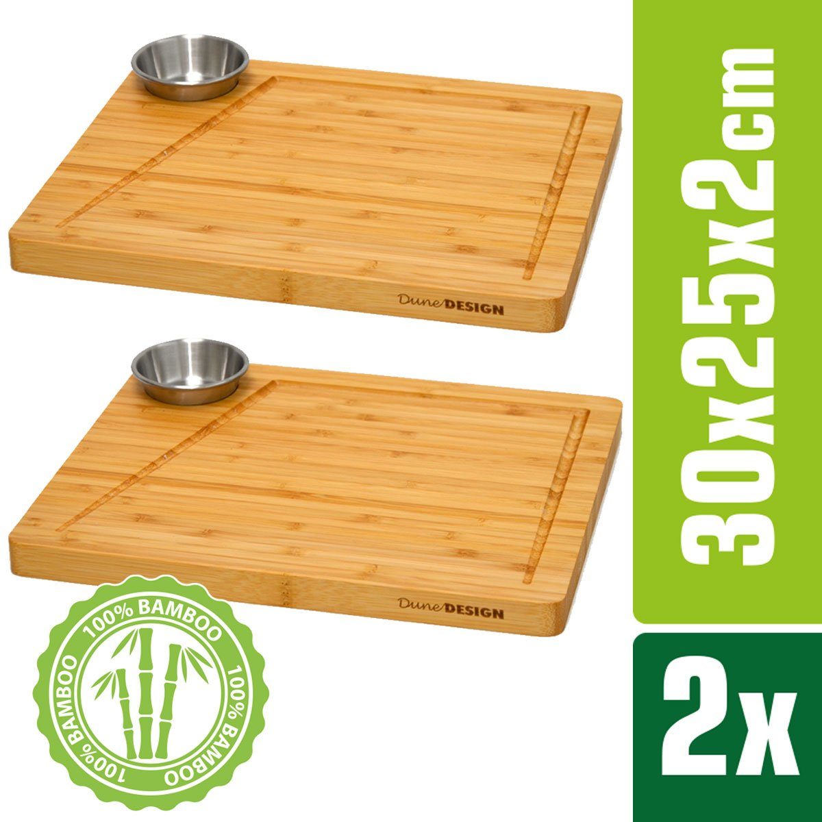 DuneDesign Schneidebrett 2er-Set Servierbrett Dip-Schale Steakteller, Holz, LxBxH:30cmx25cmx2cm | Schneidebretter