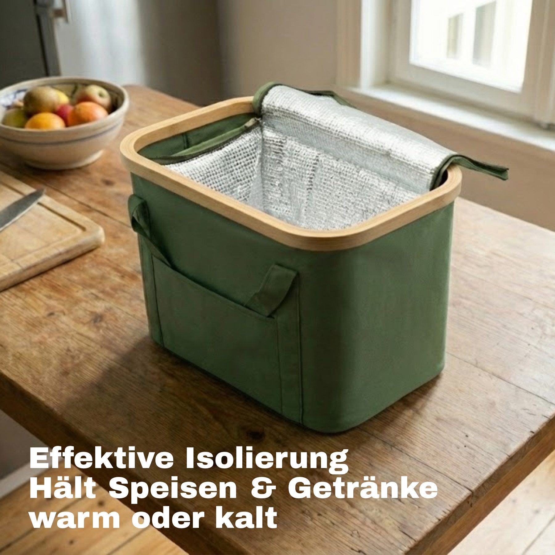 BigDean Picknickkorb 2-in-1 mit herausnehmbarer Kühltasche und Bambusdeckel (Set, 1 St., Picknickkorb), Faltbar, Vielseitig, Abwaschbar
