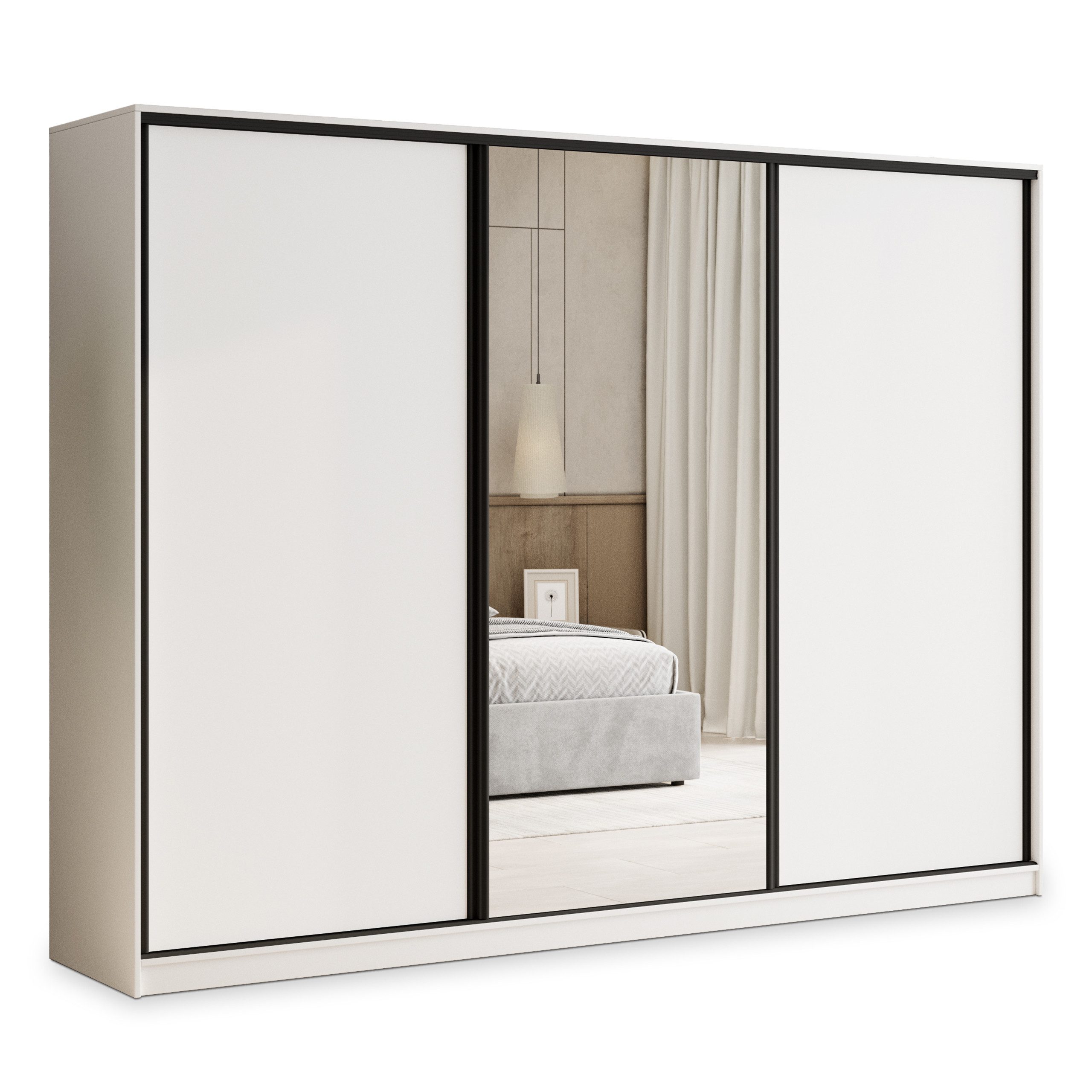 Masseno Schwebetürenschrank TARI 235 cm Kleiderschrank mit Spiegel 3 Türen und 4 Schubladen Weiß