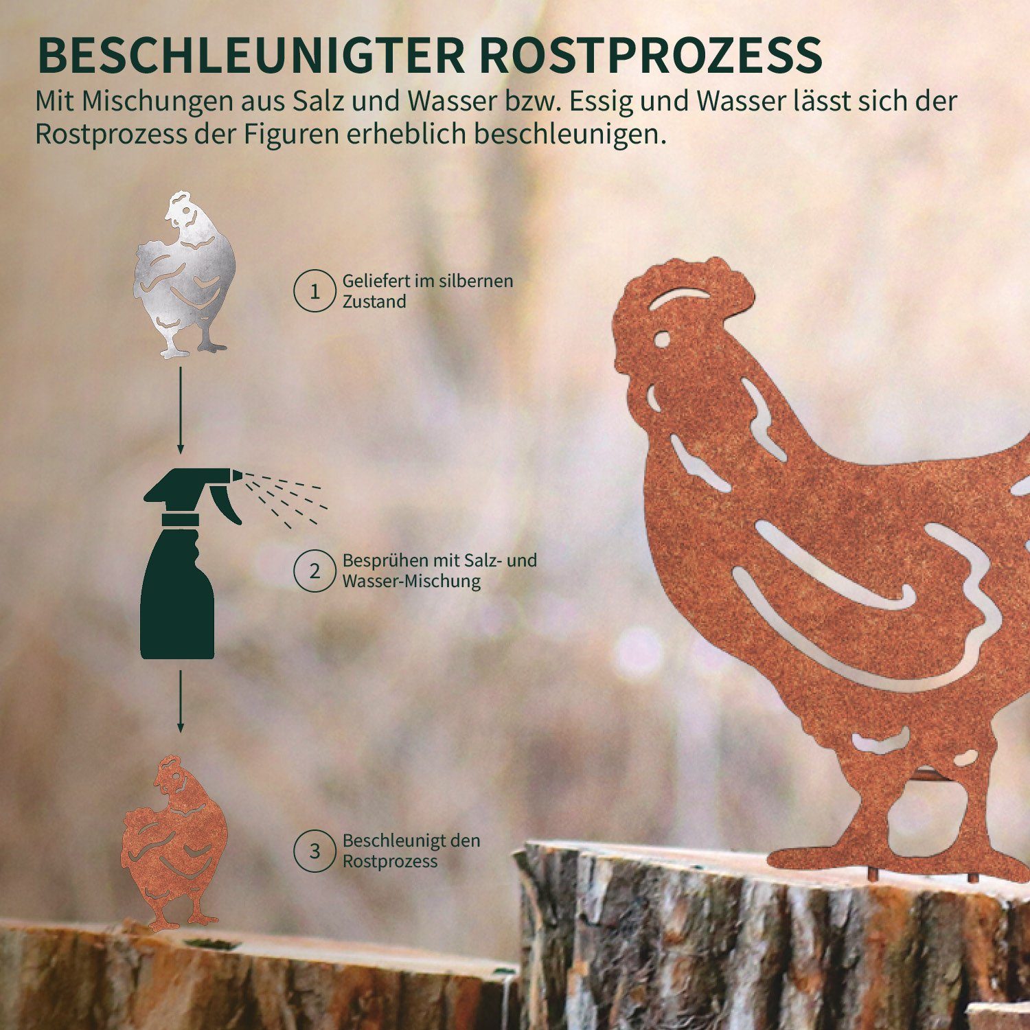 Rost, Designs Gartenfigur Gartenstecker in verschiedenen Hühner (silber) mit Blumenstecker VERDOBA Hahn