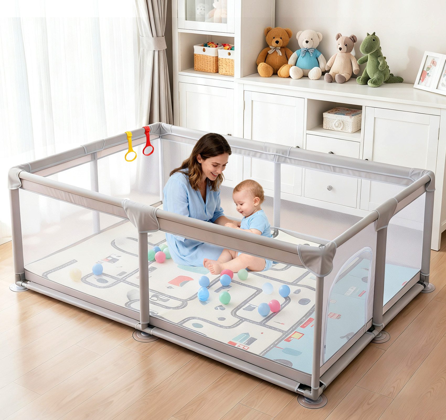 ElitVita Laufgitter Laufstall Baby, 600D Oxford Stoff, mit Faltbar Spielmatte Bubble Ball, mit Reißverschluss, Krabbelgitter für Kinder