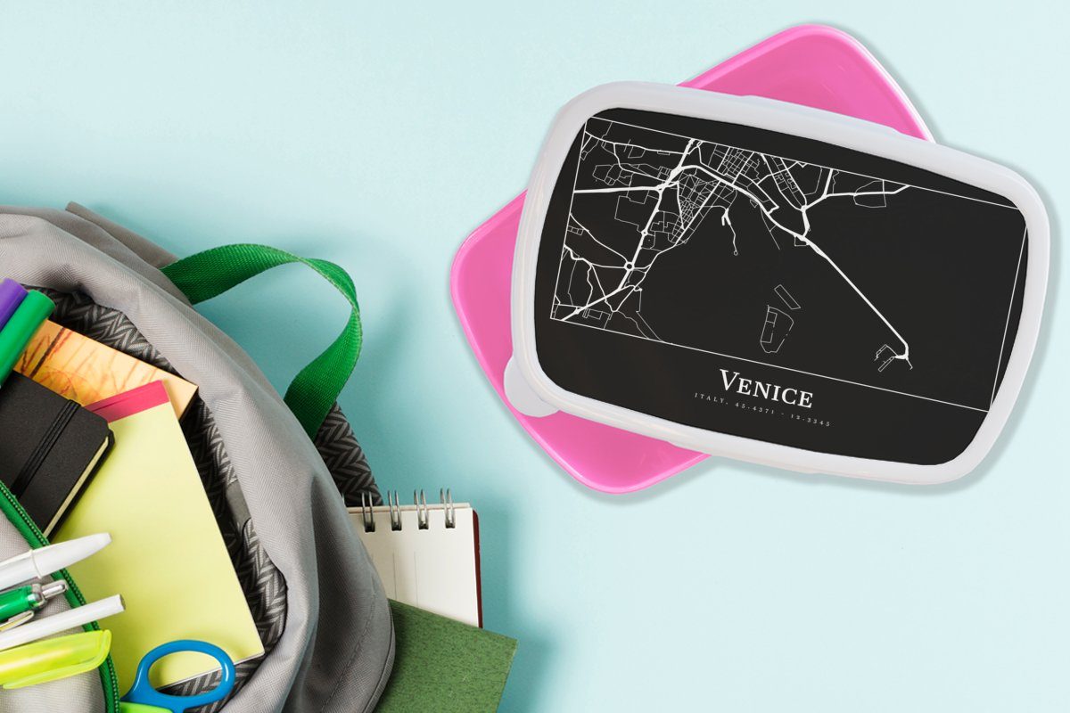 für Stadtplan - Lunchbox Brotbox Kunststoff, Karte Venedig, MuchoWow Erwachsene, - (2-tlg), Brotdose Kunststoff Mädchen, Kinder, Venedig rosa Snackbox, -