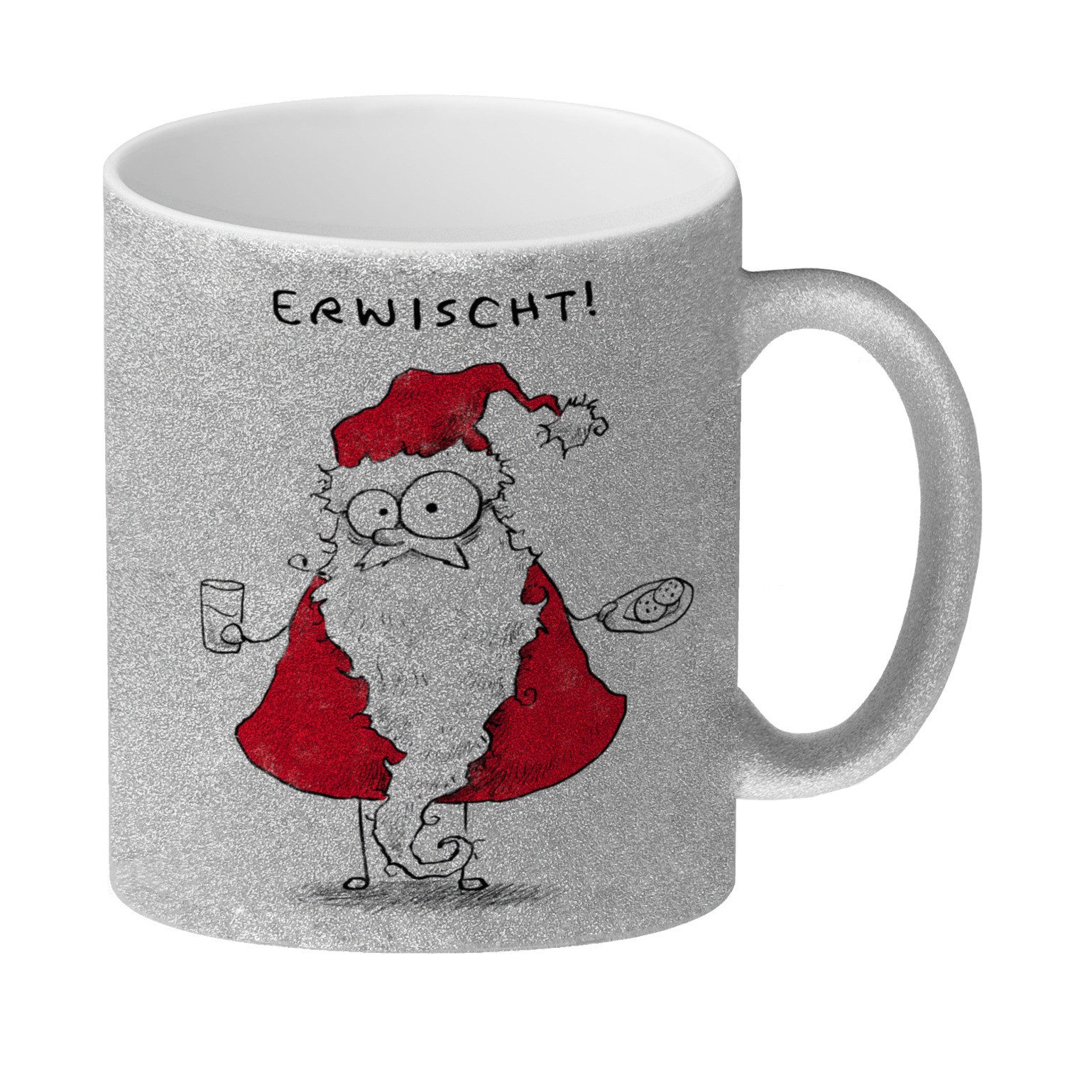 Tasse Weihnachtsmann am Naschen Glitzer-Kaffeebecher mit Spruch Erwischt
