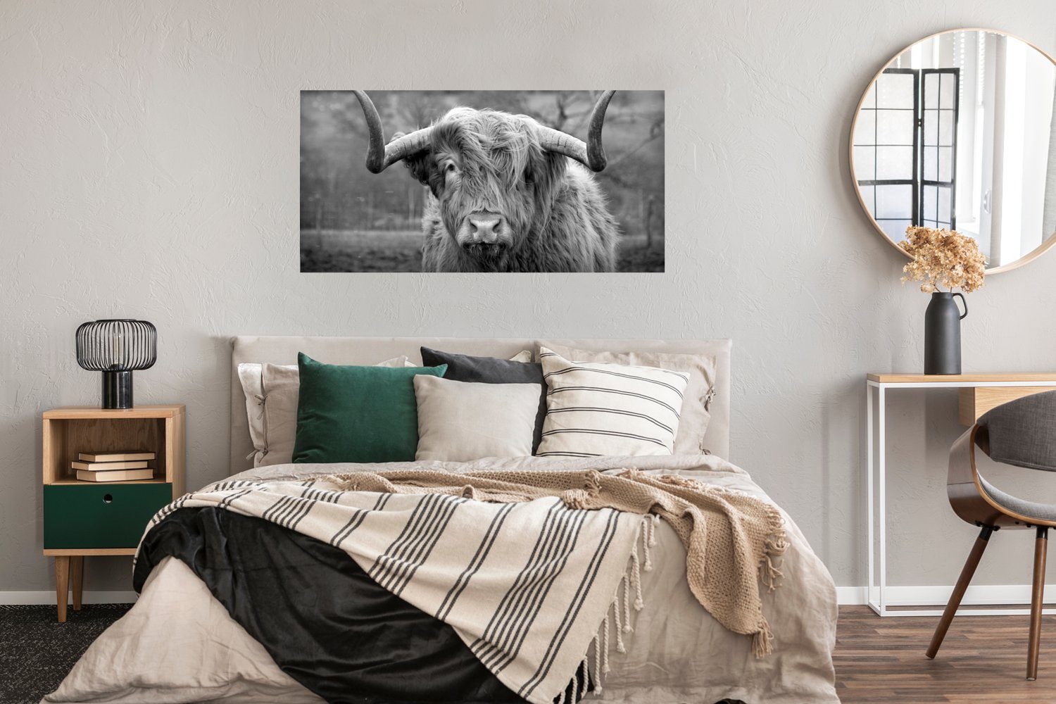 Natur Wanddeko Bild Ohne (1 Kuhkopf MuchoWow Kuh, Poster Schlafzimmer, Wandposter, - Rahmen, Landschaft Schottischer Highlander für - St), - - Wohnzimmer,