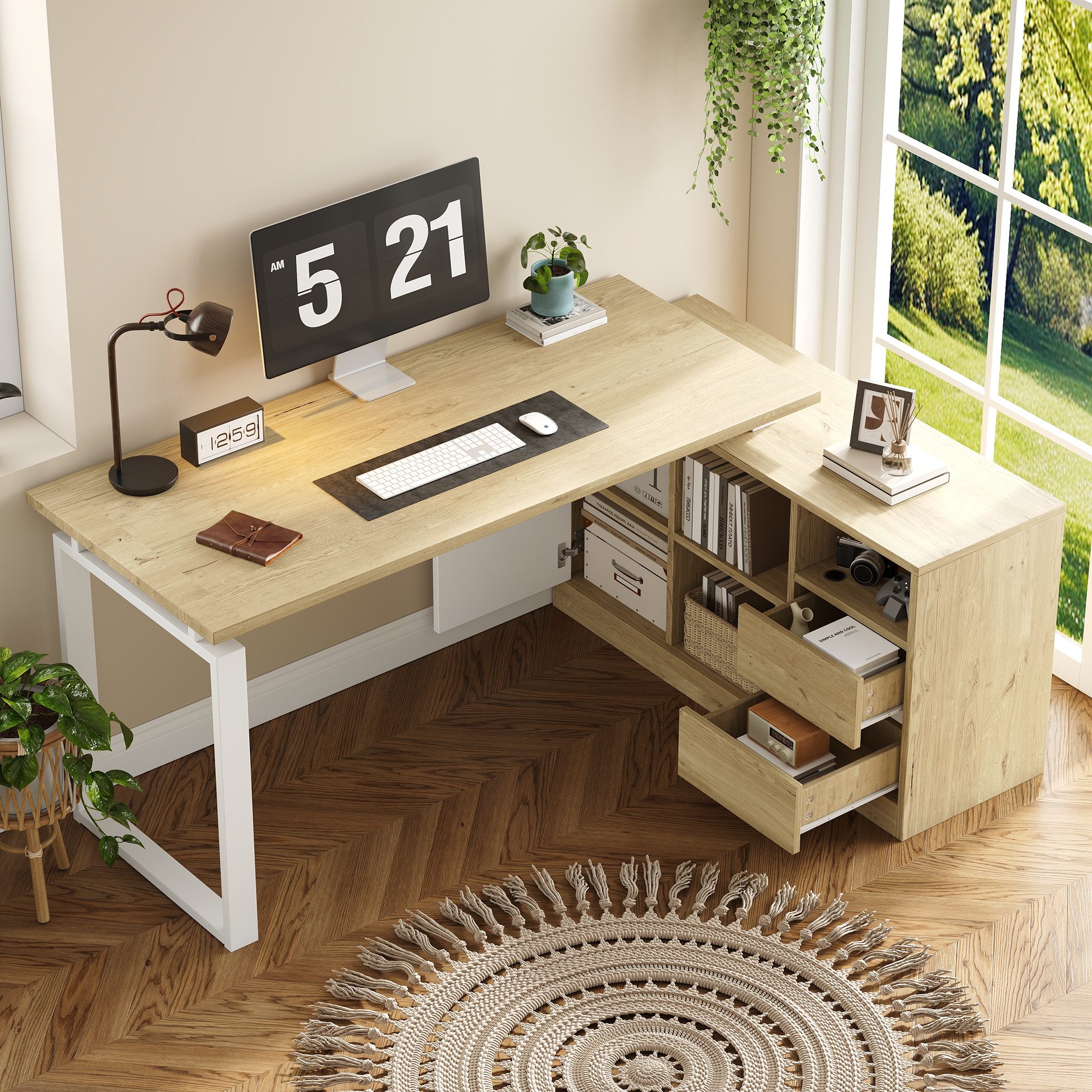 Merax Eckschreibtisch L-förmiger Schreibtisch mit Stauraum, Eckschreibtisch (1-St., mit 2 Schubladen, offenen Ebene und Tür), Computertisch, Bürotisch für Home Office