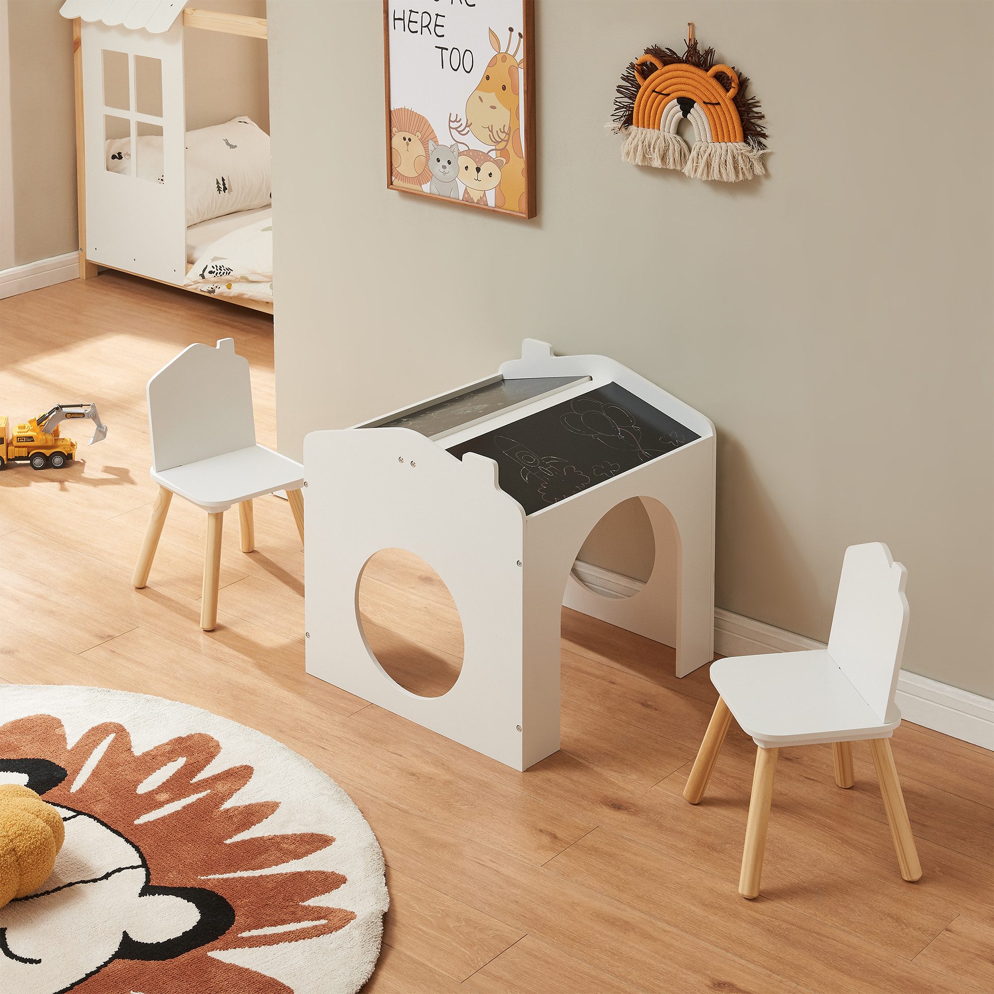 en.casa Kinderschreibtisch, »Romso« Zeichentisch für Kinder Kindertischset mit 2 Stühlen Weiß