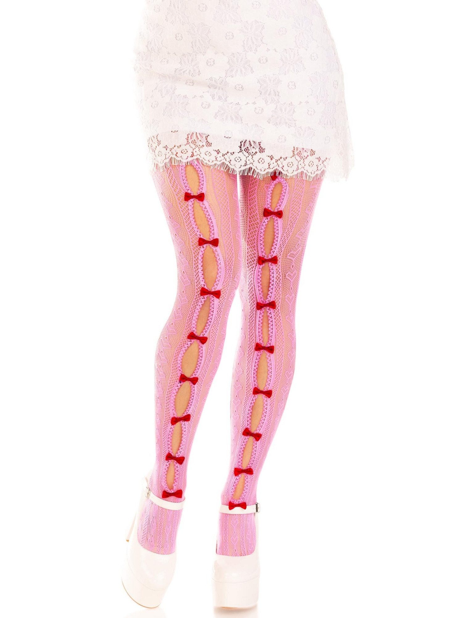 Leg Avenue Netzstrumpfhose Gemusterte Netz-Strumpfhose mit Schleifen - rosa (1 St) transparent