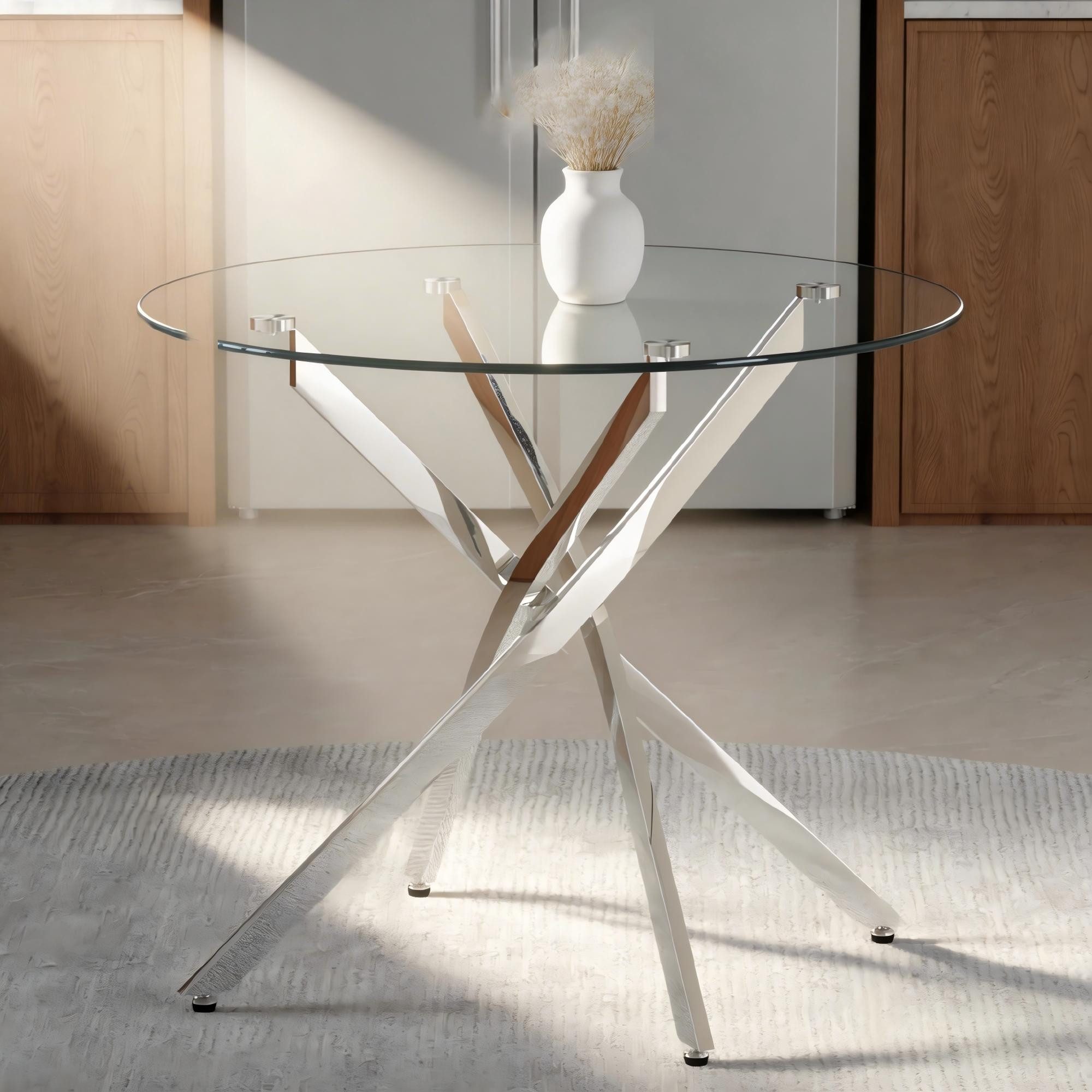 JUFU Glastisch Esstisch Küchentisch Couchtisch Konferenztisch platzsparend (1-St), rund Ø88cm für 2-4 Personen, Silber/Gold