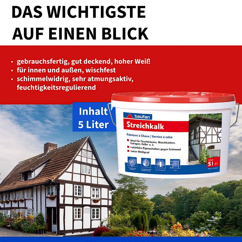 Thumbnail - baufan® Wand- und Deckenfarbe Streichkalk 5L mineralischer Anstrich weißer Anstrich Farbe, Gebrauchsfertig – direkt anwe...