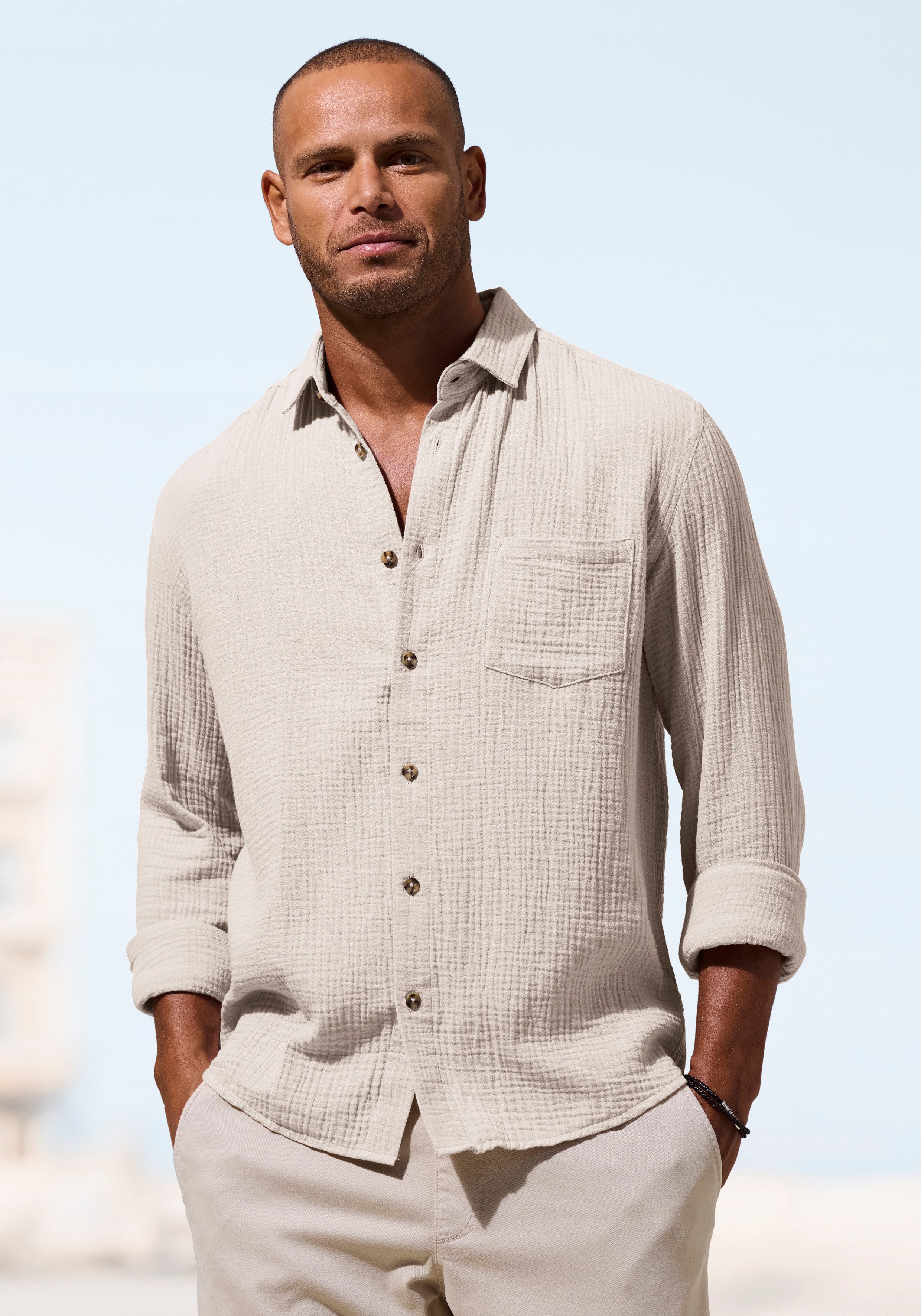 Beachtime Langarmhemd Regular fit Langarm, Freizeithemd aus Musselin-Ware
