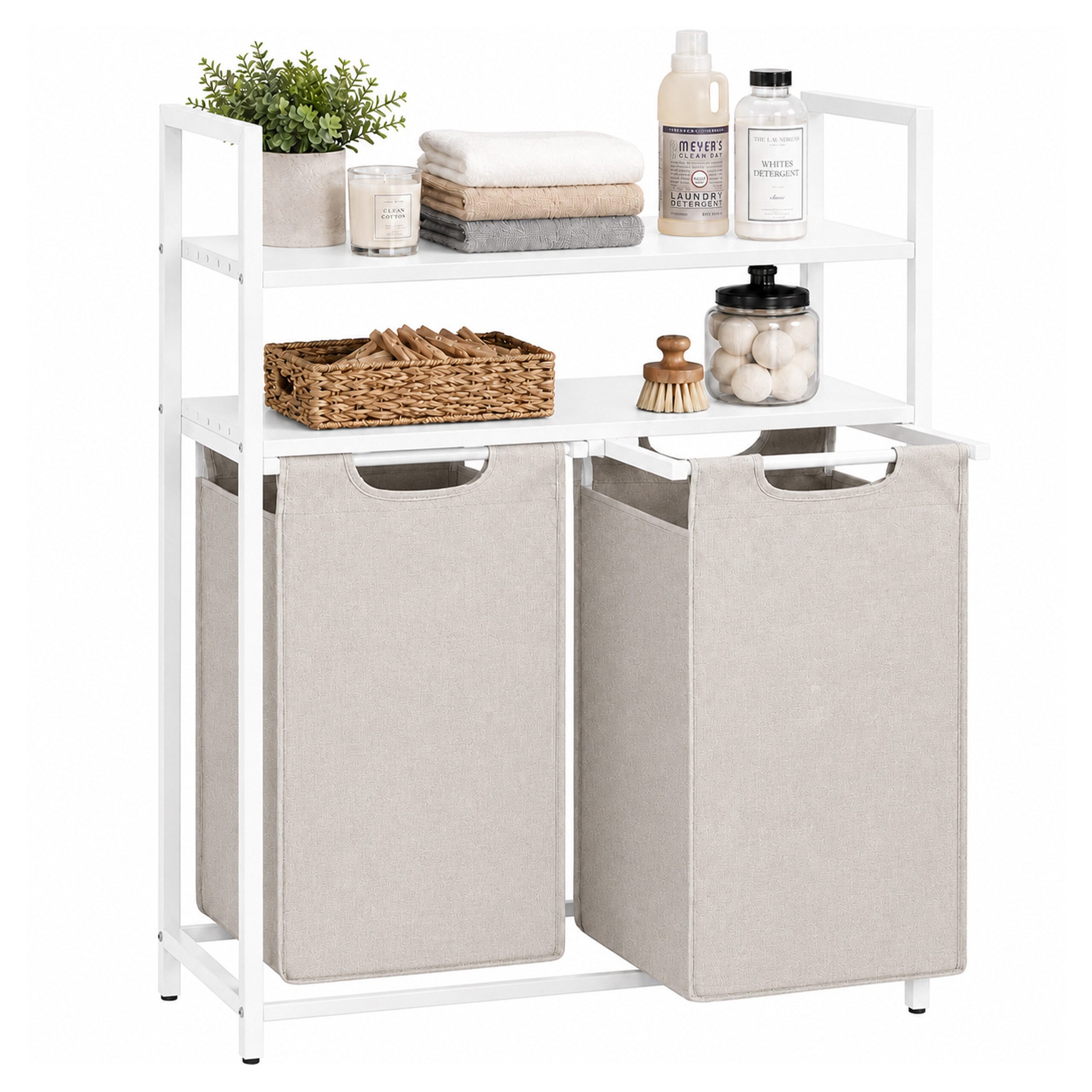 relaxdays Wäschesortierer Wäschekorb mit 2 Fächern & Ablagen (1 St), Weiß-Beige