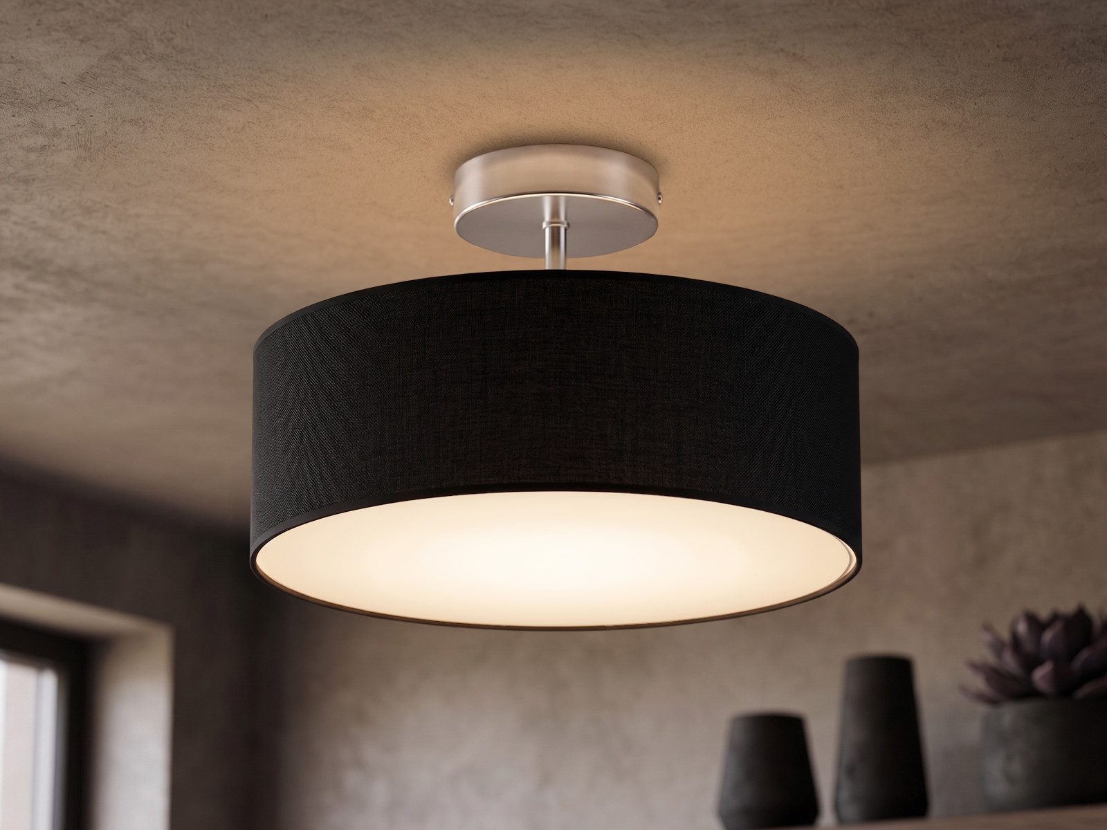 meineWunschleuchte Deckenleuchte mit Stoff Lampenschirm Schwarz Ø 30cm, ohne Leuchtmittel, kleine Stoff-Lampe, gemütliche Deckenlampe, E14 Schlafzimmerlampe