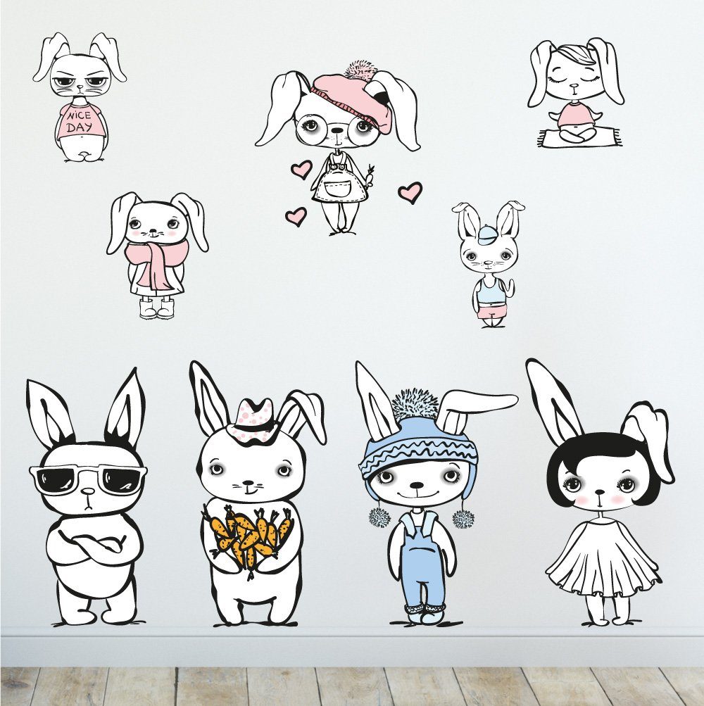 Sunnywall Wandtattoo Cool Rabbit - coole Hasen - Wandtattoo – Kinderzimmer Wandaufkleber (6 St), konturgeschnitten