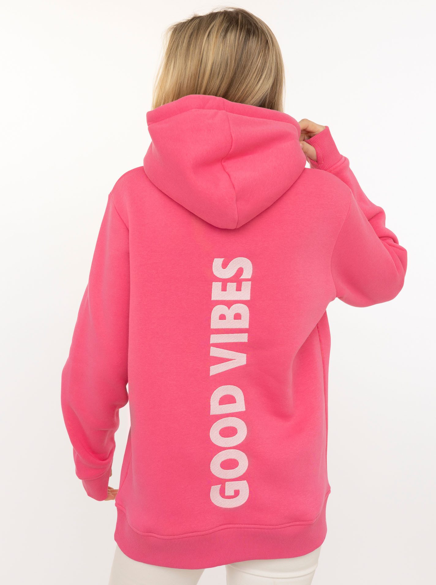 Zwillingsherz Hoodie "Good Vibes" gestickter Schriftzug, Kapuze, Langarm, Kängurutasche, Kordelzug
