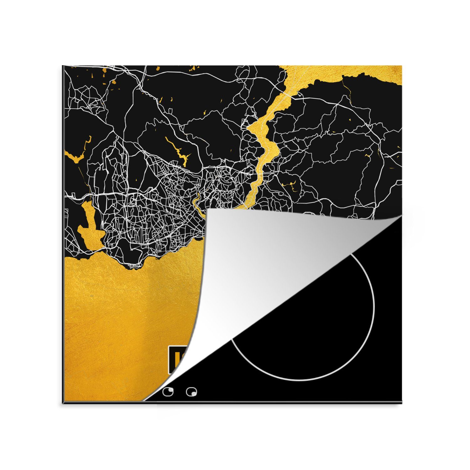 MuchoWow Herdblende-/Abdeckplatte Istanbul - Gold - Stadtplan - Karte, Vinyl, (1 tlg), 78x78 cm, Ceranfeldabdeckung, Arbeitsplatte für küche