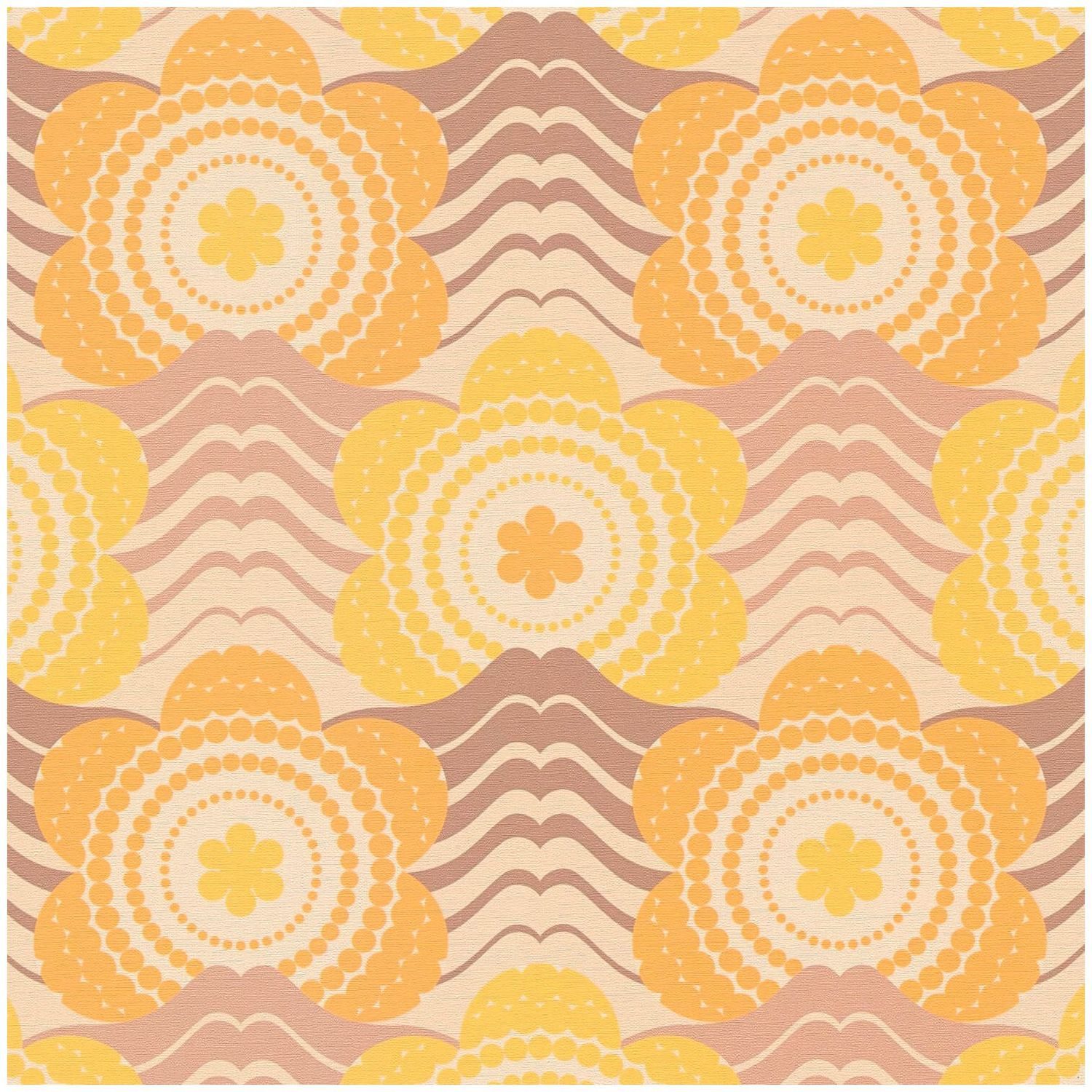 Profhome Vliestapete 395395-GU Retro Tapete Blumen matt gelb pastell-orange, geprägt, (1 Rolle, 4,51 qm), heißgeprägte Vliestapete, gelb