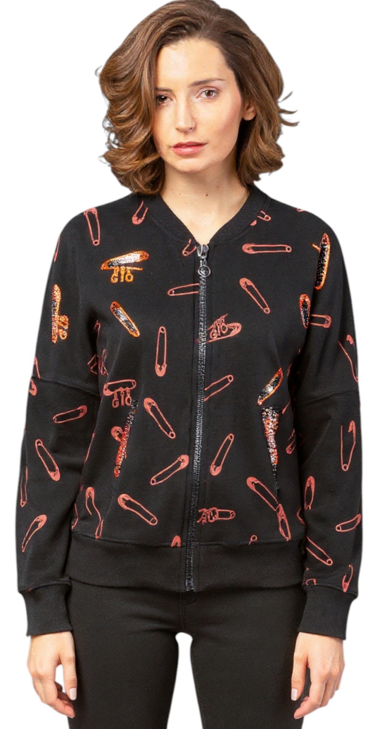 Gio Milano Sweatjacke G25-9102, " Sicherheitsnadeln " mit Strassbesatz Blousonjacken-Stil