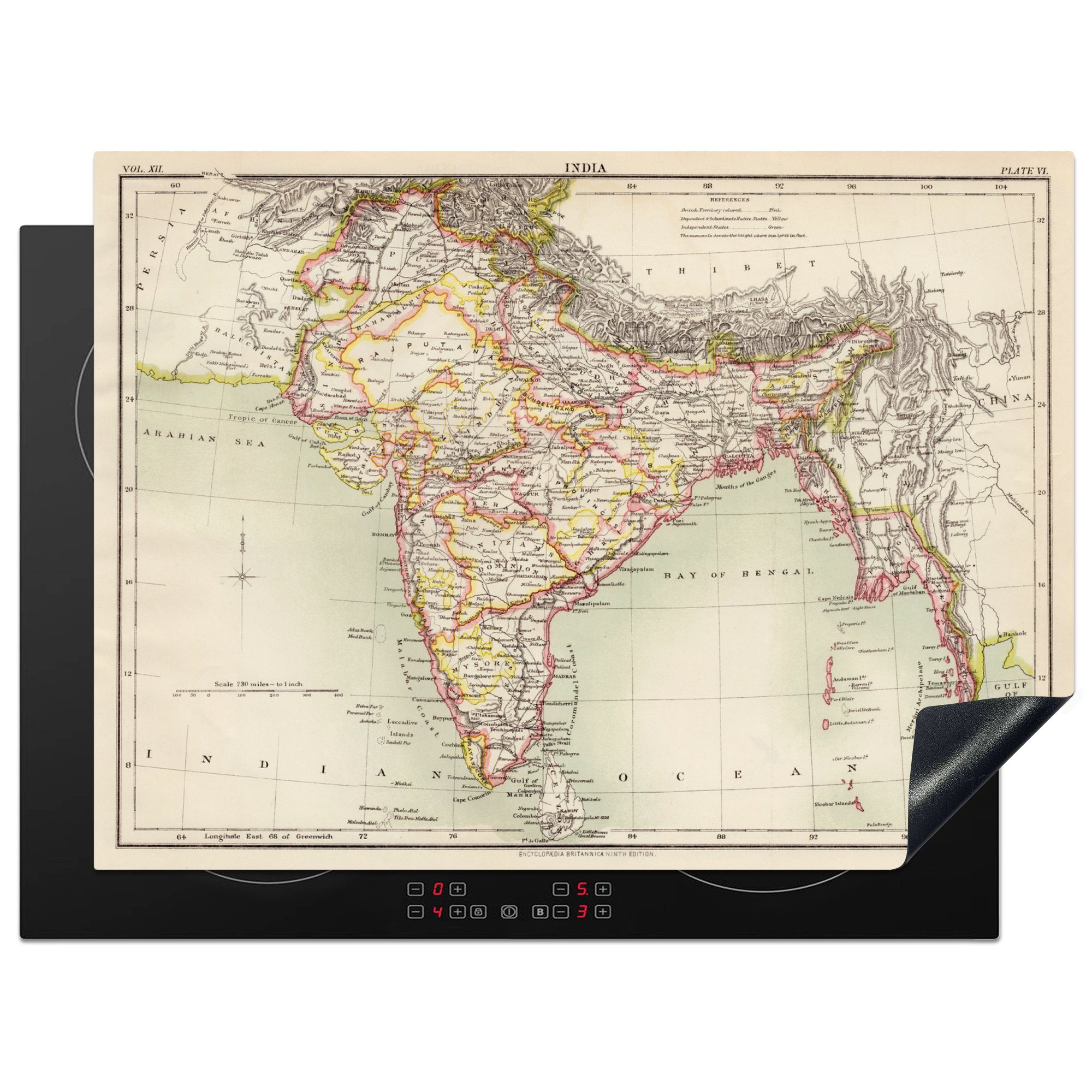 MuchoWow Herdblende-/Abdeckplatte Illustration nutzbar, Karte Indien, von (1 tlg), Arbeitsfläche 70x52 Mobile cm, Ceranfeldabdeckung einer Vinyl, historischen