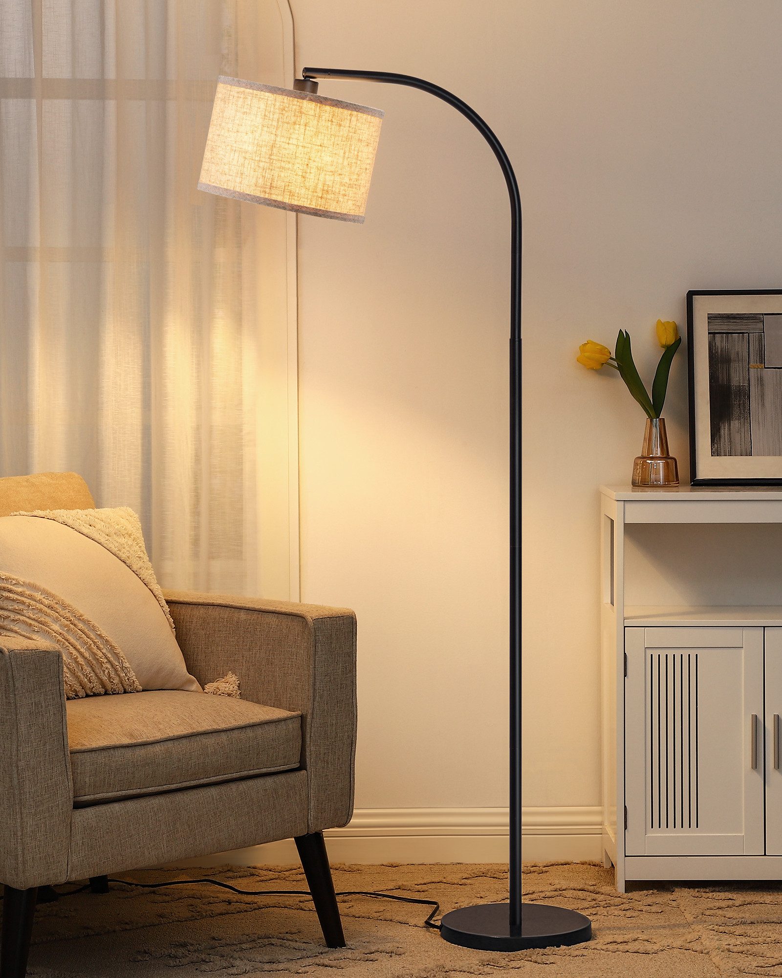 EDISHINE Stehlampe Wohnzimmer, mit E27 LED-Glühbirne, warmweiß, 161cm Bogenlampe mit Leinen-Lampenschirm