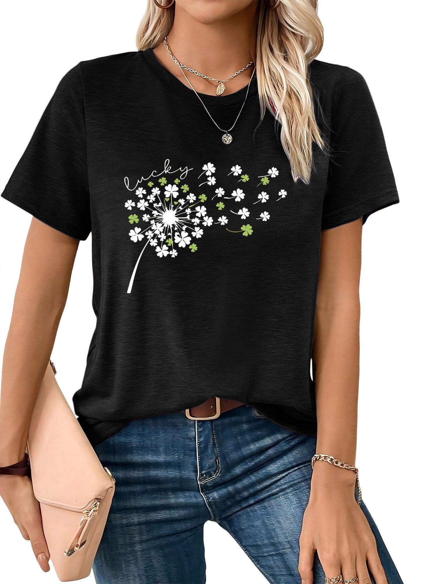 PYLIKE Kurzarmbluse Bequemes Shirt Damen Kurzarm Basic-Shirt mit Löwenzahn Print Bequem für Freizeit und Büro,Strandurlaub