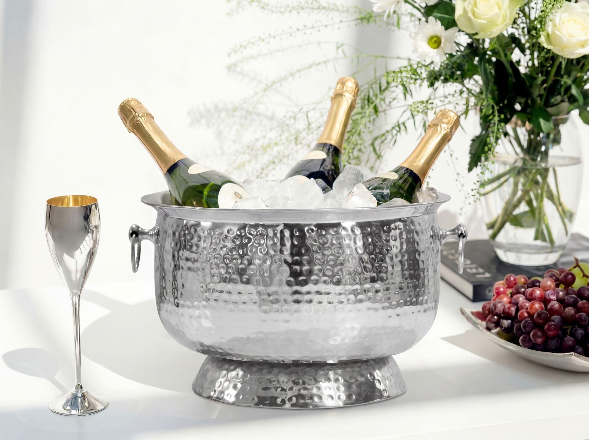 Wohnling Sektkühler WL7.683 Sektkühler Champagnerkühler Silber 37cm Flaschenkühler Groß, Zwei stabile Seitengriffe für den Transport