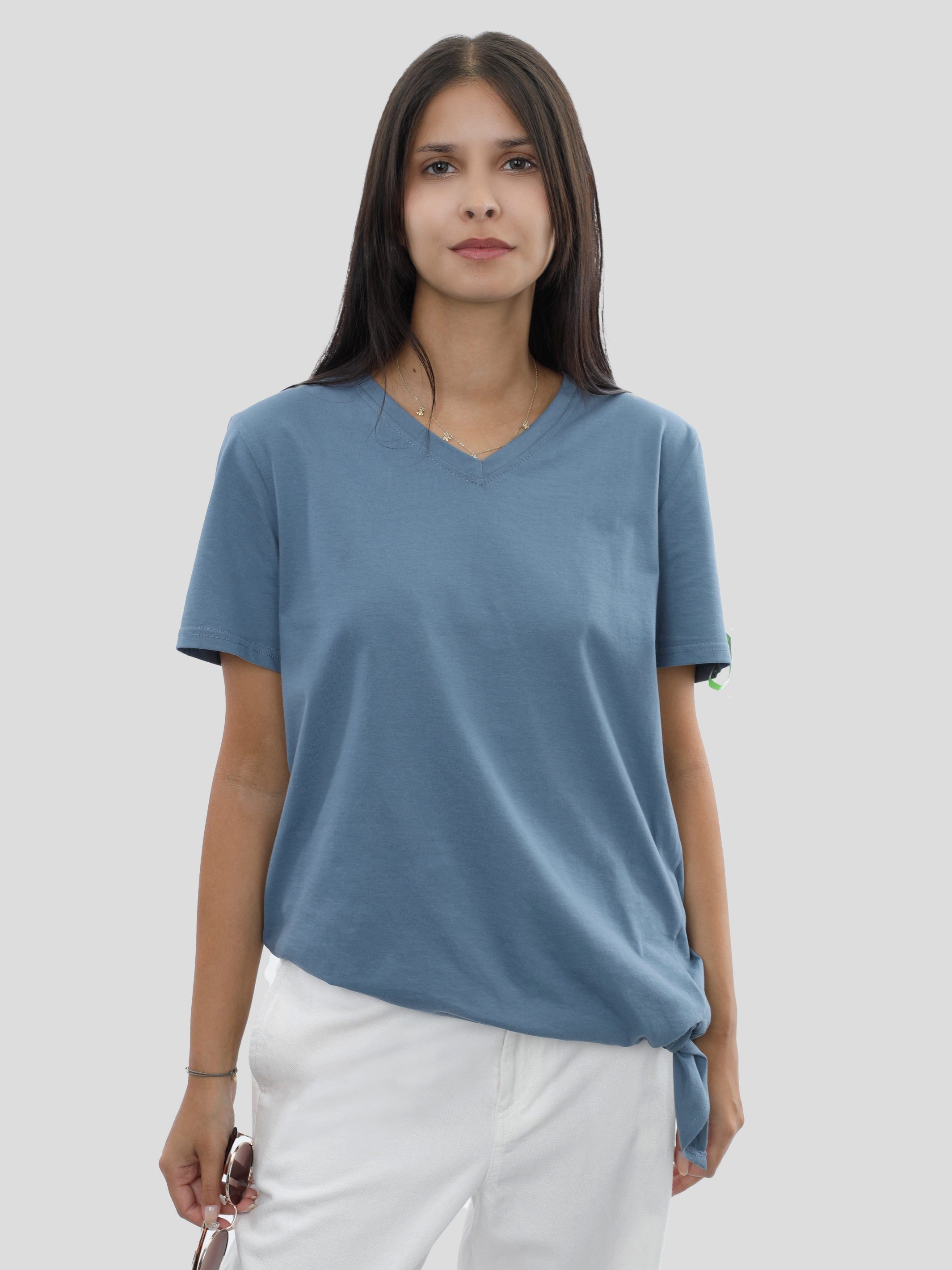 project eleven T-Shirt P11 T-Shirt mit Saumschleifen und V-Neck in Blau