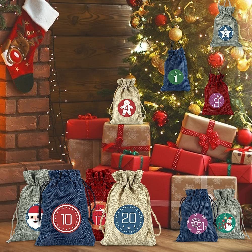 Bomiclss Adventskalender Adventskalender zum Befüllen 24 Jutebeutel Stoffbezug gedruckt, Wiederverwendbar, Weihnachtskalender Jutesäckchen – Bild 5 von 5