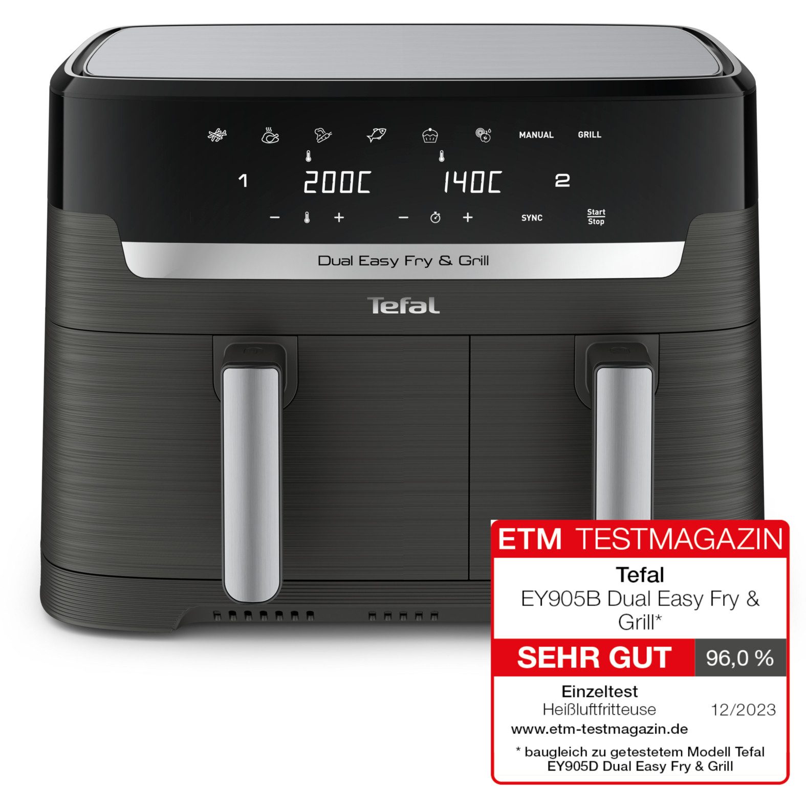 Tefal Heißluftfritteuse Dual Easy Fry & Grill EY905B, knusprig und gesünder kochen, 8 voreingestellte Programme, 2700 W, Doppelkammer, inkl. Grillplatten – Bild 2 von 5