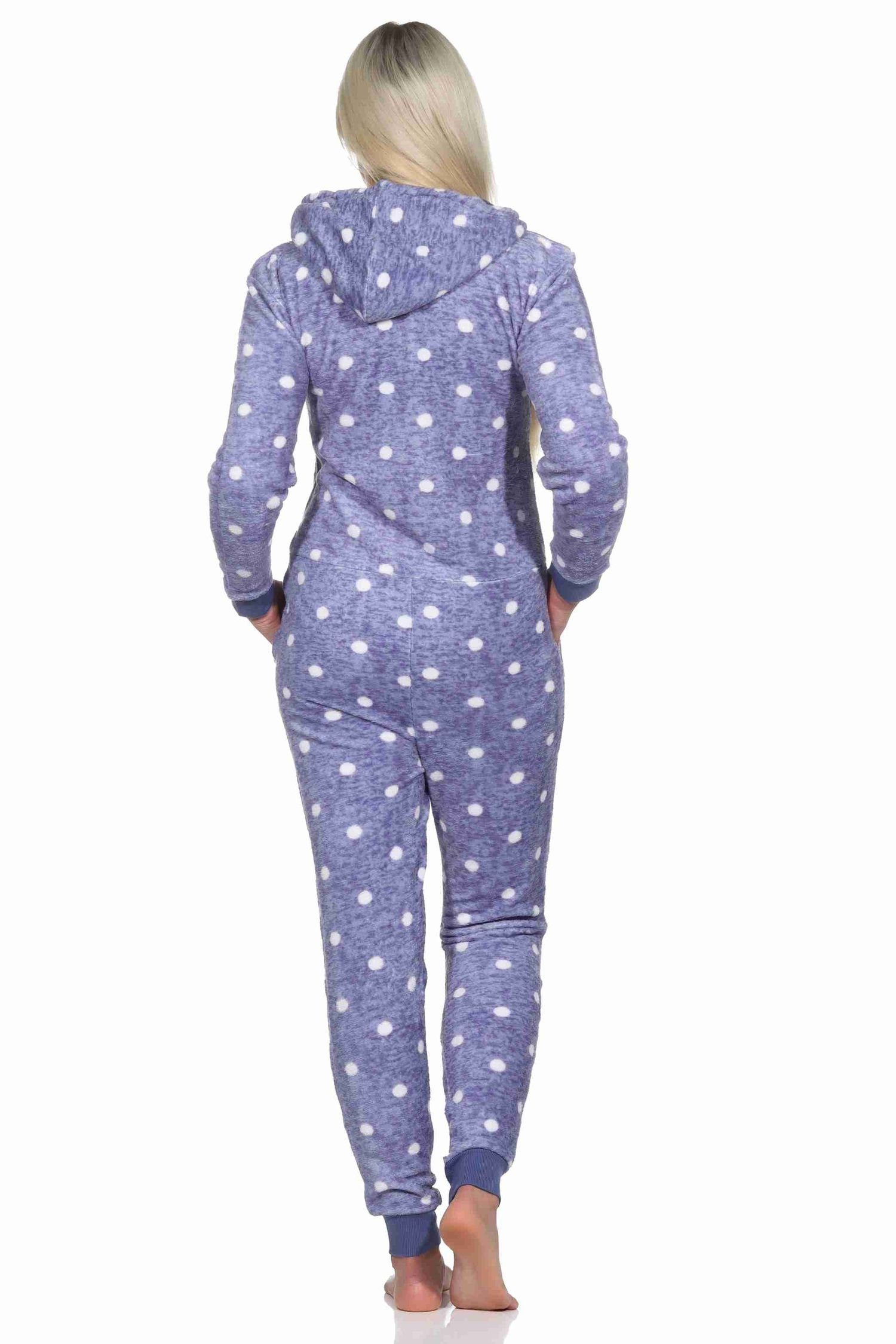 Normann Pyjama Kuschelig warmer Jumpsuit in Schlafanzug Punkte Optik Tupfen Damen blau