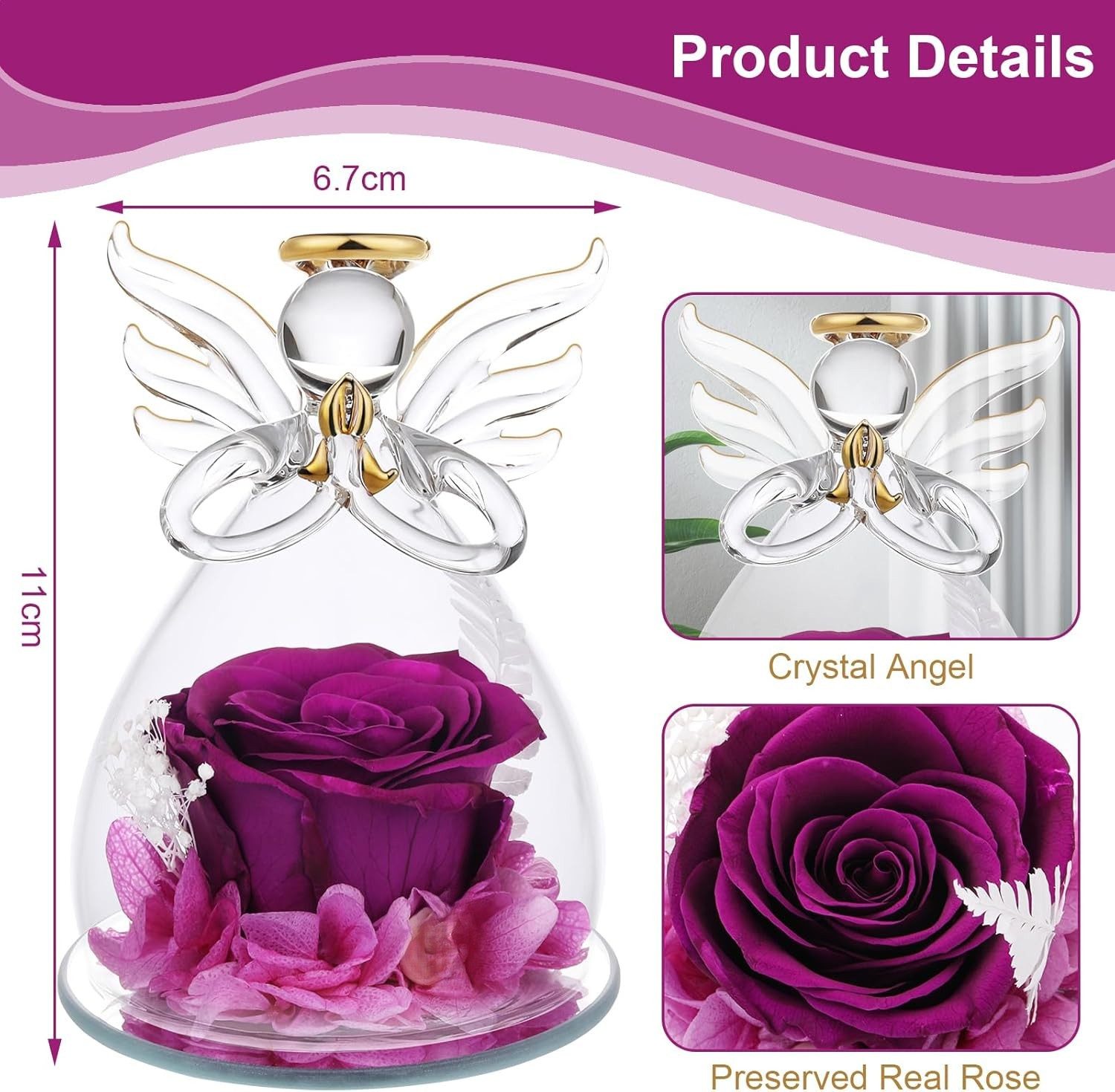 Kunstblume Engel-Glaskuppel mit ewiger Rose – Schutzengel-Dekoration, Tidy