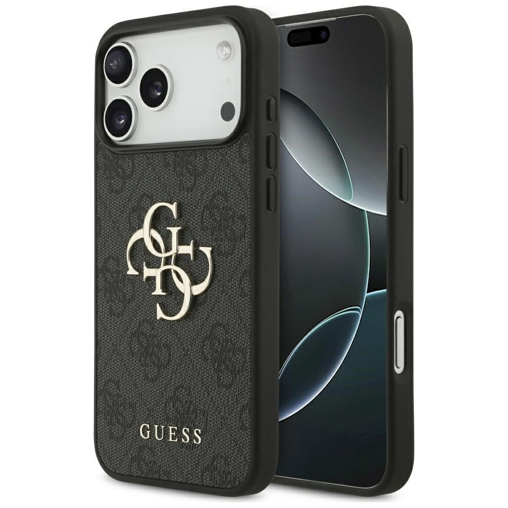 Guess Handyhülle iPhone 17 Pro Max Kunstleder grau Big Logo Metall goldfarben 6,9 Zoll, Kantenschutz