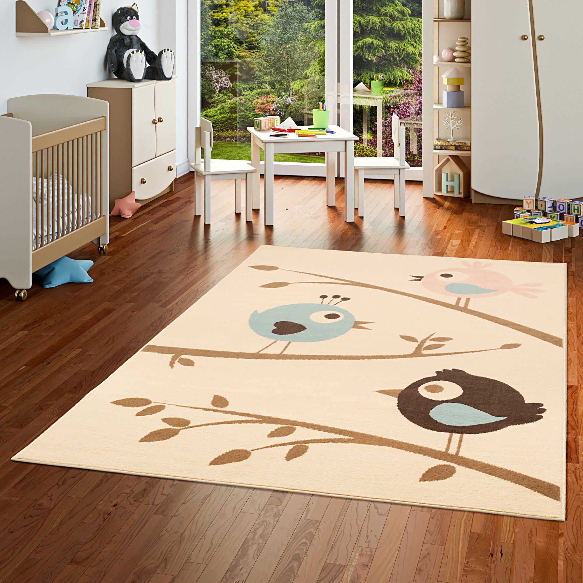 Pergamon Kinderteppich Kinderteppich Trendline Vögel Pastell Beige Blau, Rechteckig, Höhe: 8 mm