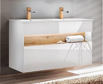 einfachgutemoebel Waschtisch-Set Badmöbel-Set Bahama 3-tlg 120cm, HS, weiß-hochglanz-wildeiche, (1-St., Unterschrank & Waschbecken mit Spiegelschrank, Hochschrank)