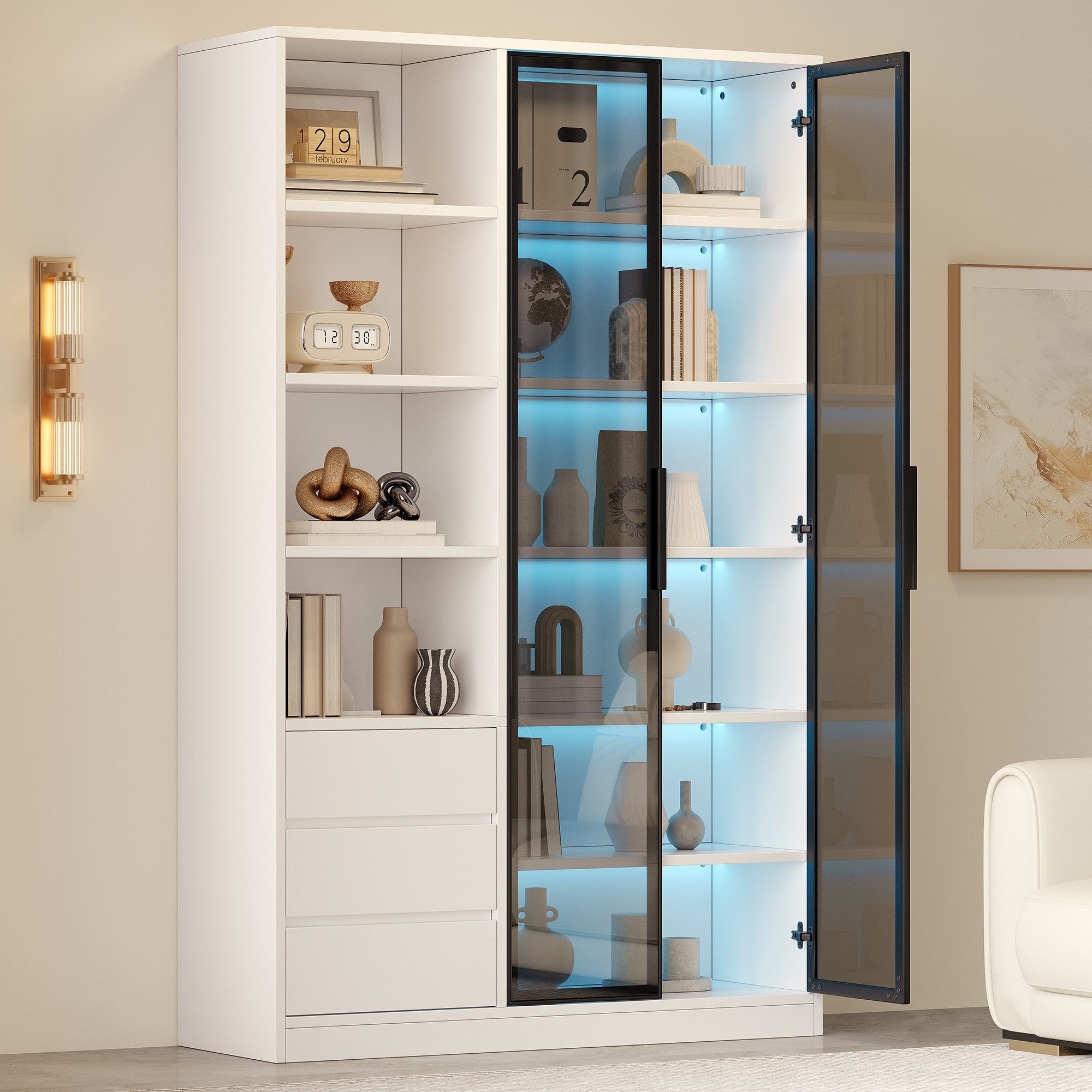 Merax Vitrine mit LED-Beleuchtung, Weinschrank mit höhenverstellbarem Einlegeboden (1-St., Glasvitrine Multifunktionsschrank Vitrinenschrank 100x35x160cm) Hochschrank mit 2 Glastüren, 4 offenen Ablagen & 3 Schubladen