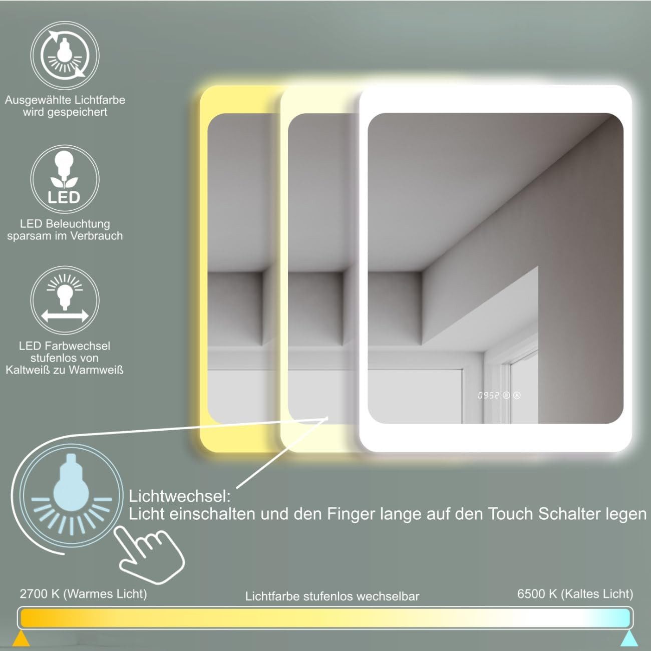 HOKO Badspiegel LED Antibeschlag Wandspiegel 50x70/60x80cm+Digital günstig online kaufen