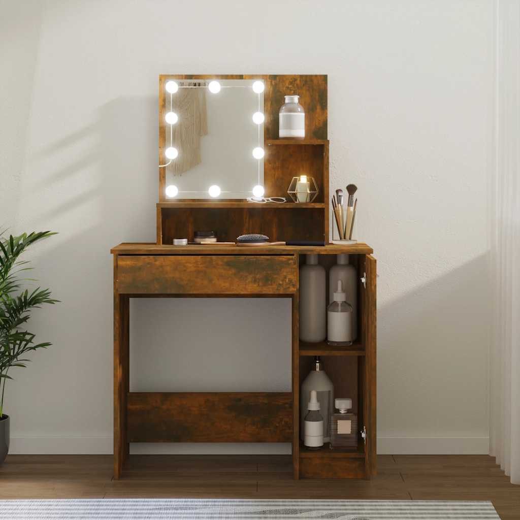 furnicato Schminktisch 86,5x35x136 cm Räuchereiche Massivholz mit (1-St), Kosmetiktisch mit LED-Spiegel, Ablagen, Schublade und Beistellschrank
