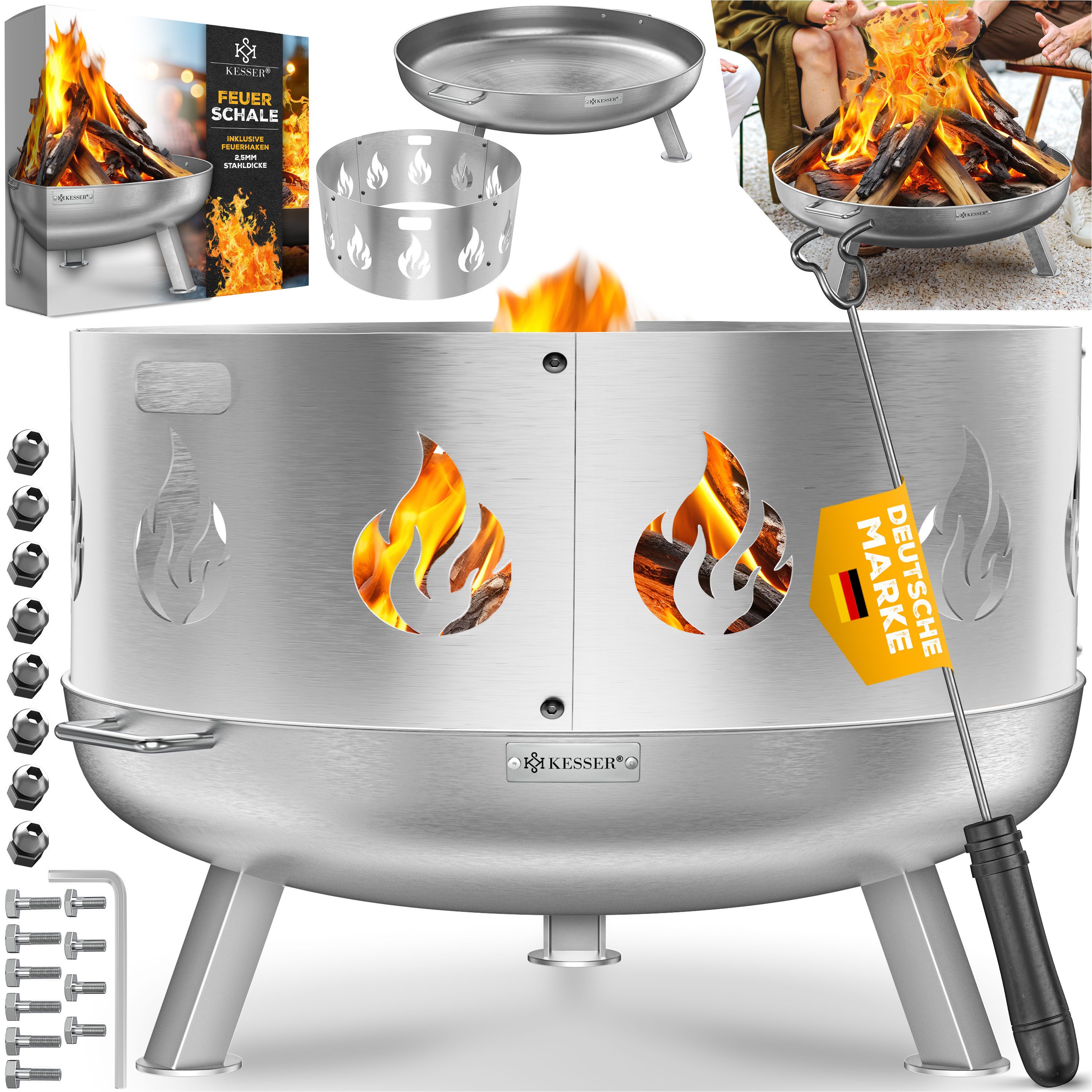 KESSER Feuerschale Feuertonne mit 2,5mm Stahldicke Feuerstelle, (Feuerkorb inklusive Funkenschutz, Feuerhaken + Wasserablauf), Feuerstelle massives Gusseisen 2 stabile Griffe