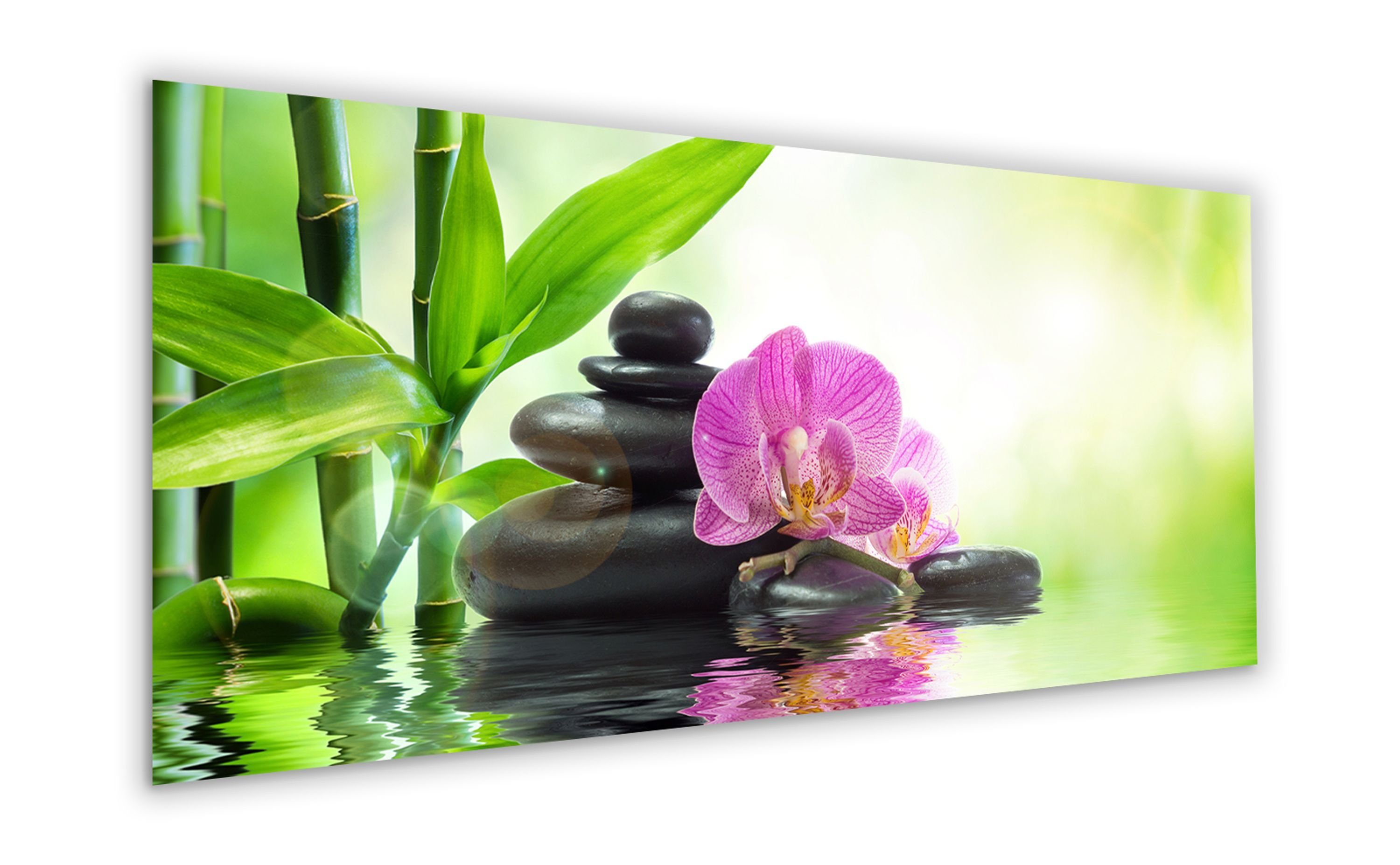grün Bild Spa Steinen auf und Deko groß Zen pink, cm aus Blumen artissimo Glasbild Blüten: Glasbild Bambus XXL Glas 125x50 mit Orchideen-Blüte hell
