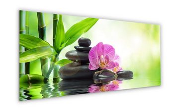 artissimo Glasbild Glasbild XXL 125x50 cm Bild aus Glas groß hell Deko Spa Zen grün pink, Blumen und Blüten: Bambus mit Orchideen-Blüte auf Steinen