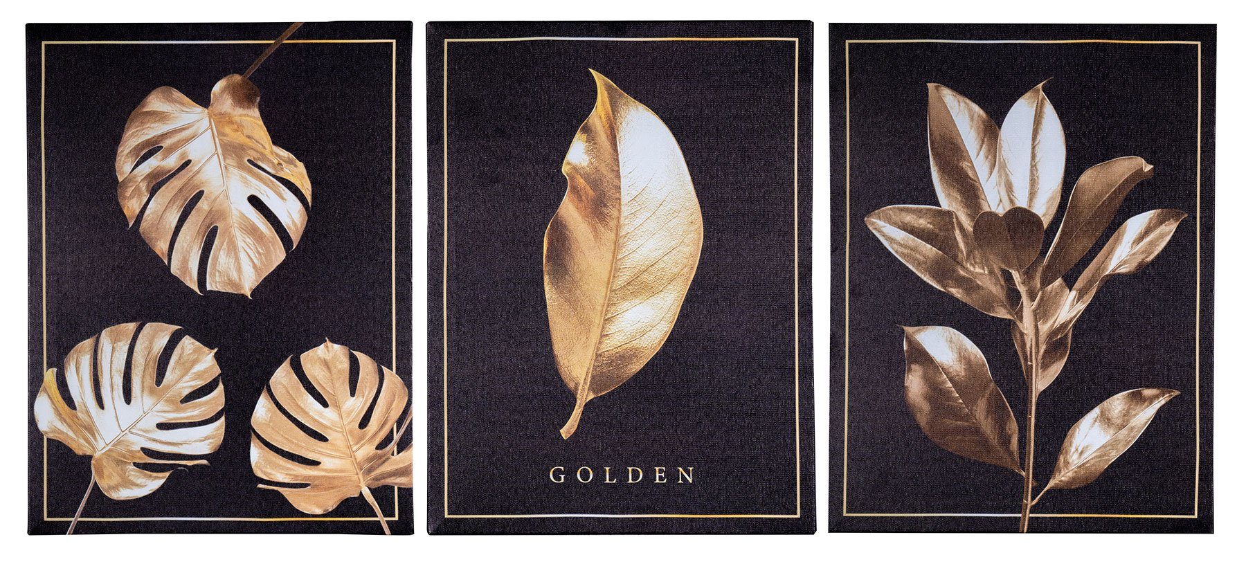Gold Dekoobjekt, Levandeo® 3er Schwarz Blätter Wandbilder Set 30x40cm Wanddeko Monstera