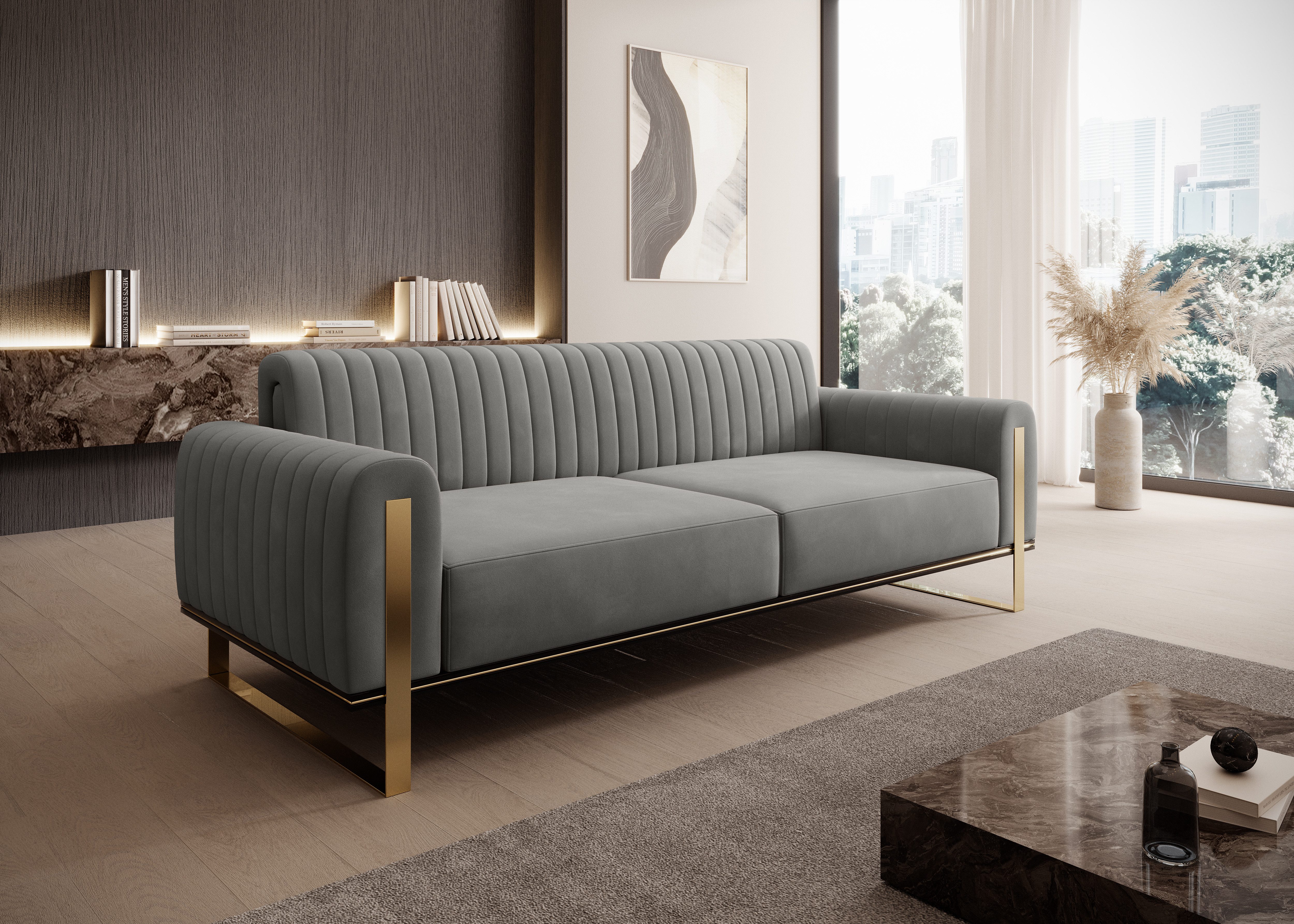 yourhouse24 3-Sitzer Sofa Designersofa Vamos in Samt, Samt-Optik, Metallgestell, Glamour-Stil