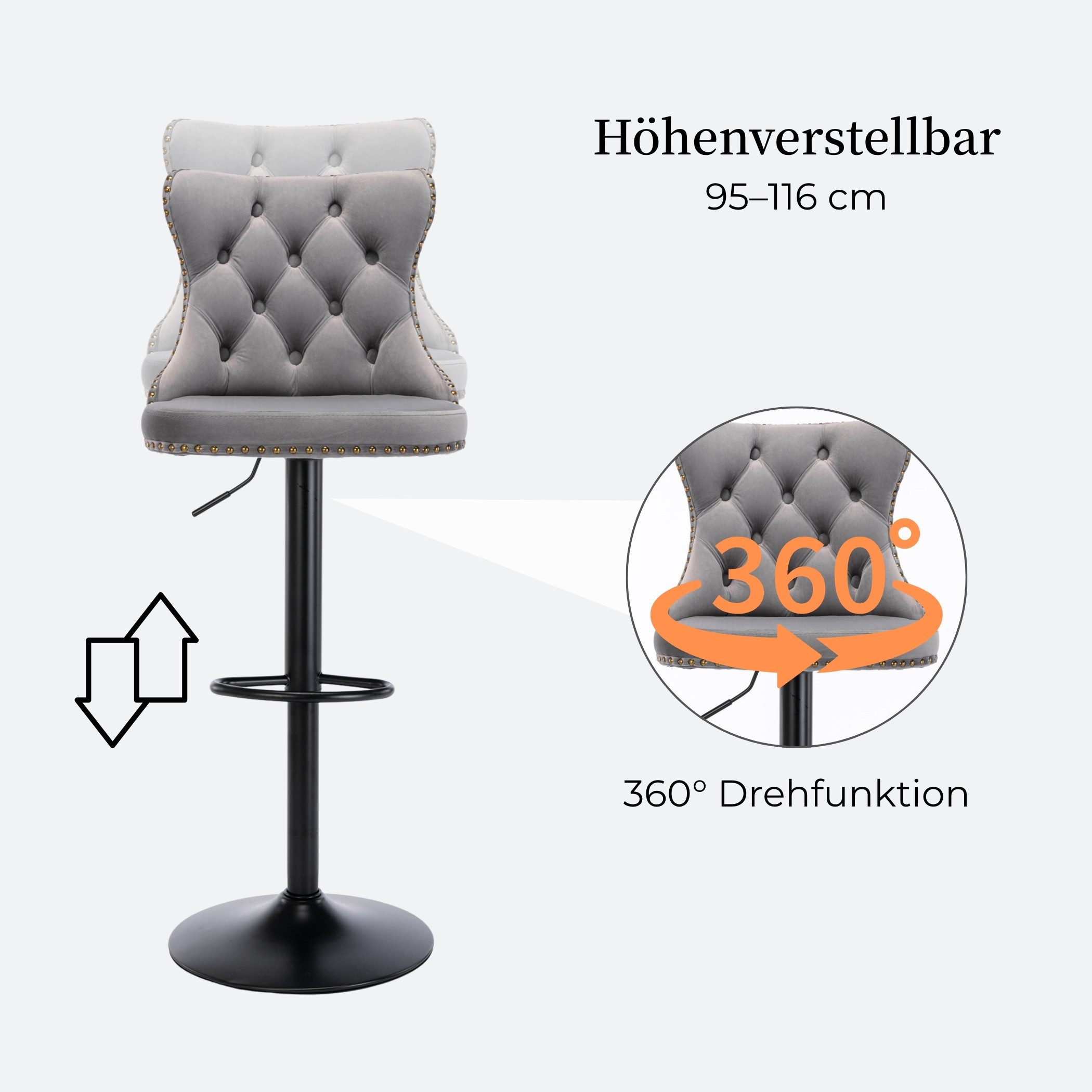 SeedWave Barhocker 2er Set Barhocker Samt 360° Drehbar Höhenverstellbar Knopfheftung (2er Set), 360° drehbar, höhenverstellbar, Knopfheftung, mit Fußstütze