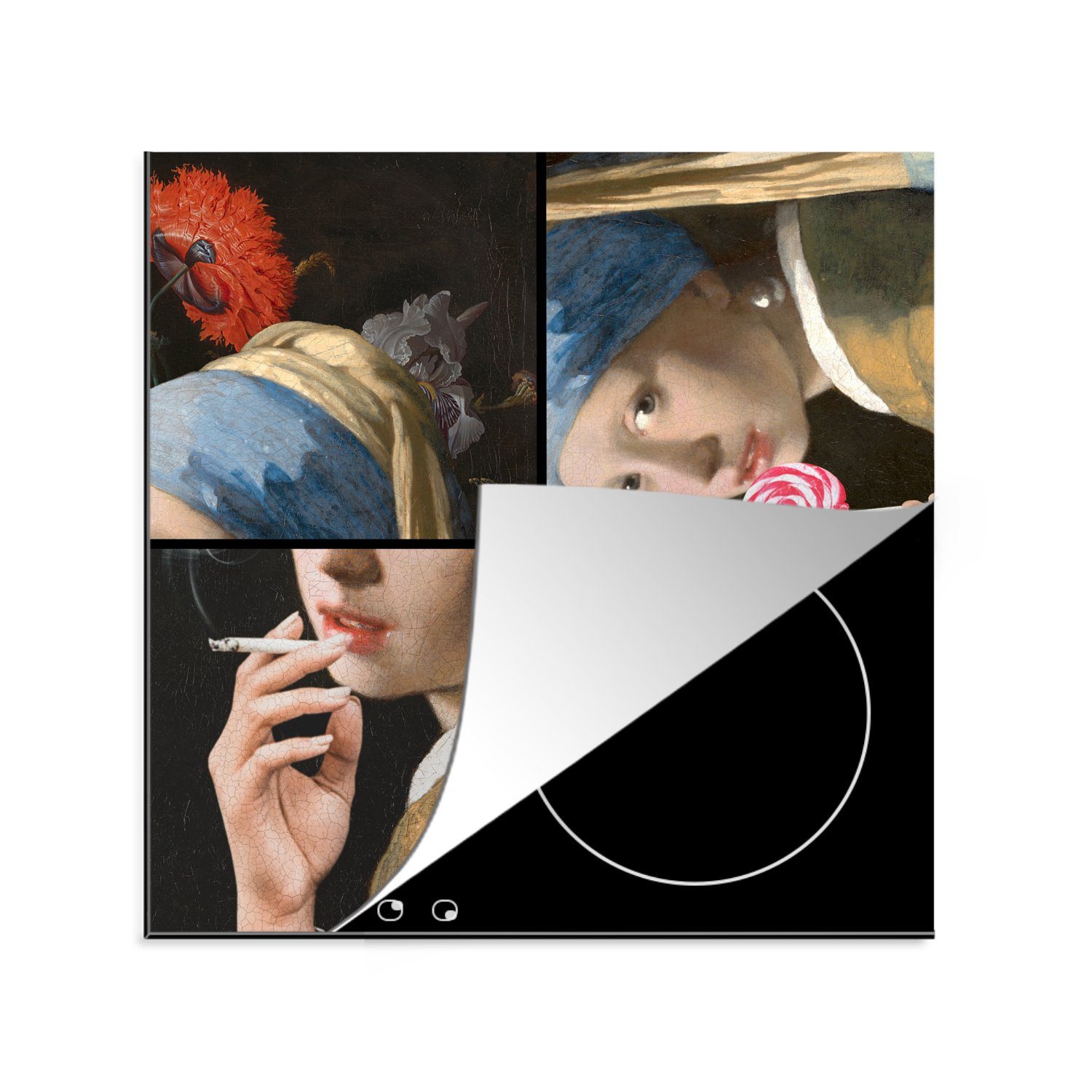 MuchoWow Herdblende-/Abdeckplatte Das Mädchen mit dem Perlenohrring - Vermeer - Collage, Vinyl, (1 tlg), 78x78 cm, Ceranfeldabdeckung, Arbeitsplatte für küche