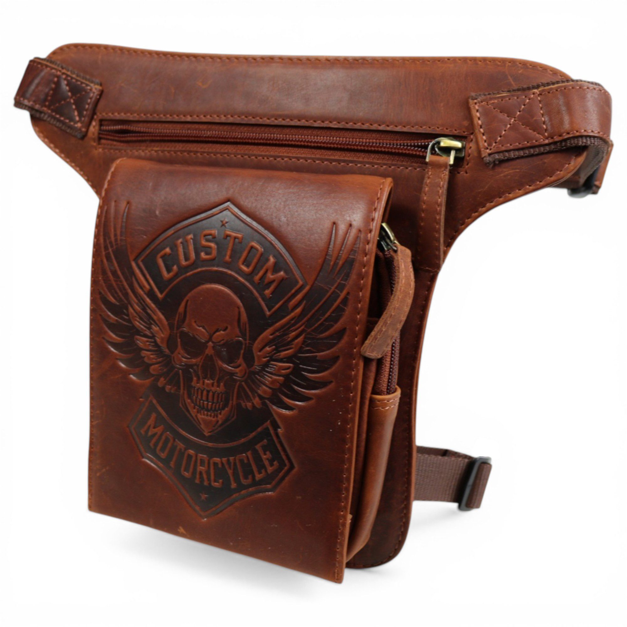 MDM Bauchtasche Biker Beintasche Hüft-, Gürteltasche, Custom Motorcycle Motiv, Echt Leder