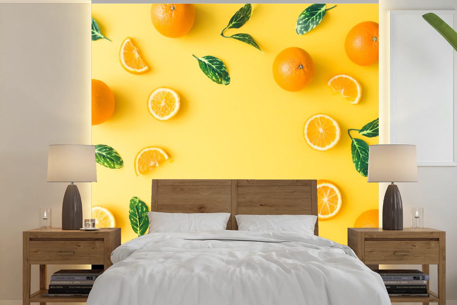 MuchoWow Fototapete Orange - Obst - Gelb, Matt, bedruckt, (5 St), Vinyl Tapete für Wohnzimmer oder Schlafzimmer, Wandtapete