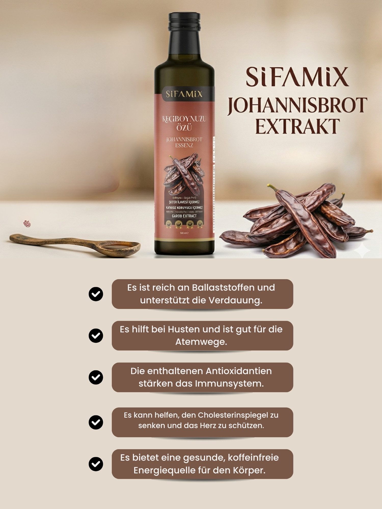 ADELSHOP Sirup SiFAMiX Johannisbrot Extrakt 500ml – Pur, Ohne Zucker & Kaltgepresst, Kaltgepresst, Ohne Zuckerzusatz, 100% Natürlicher Extrakt